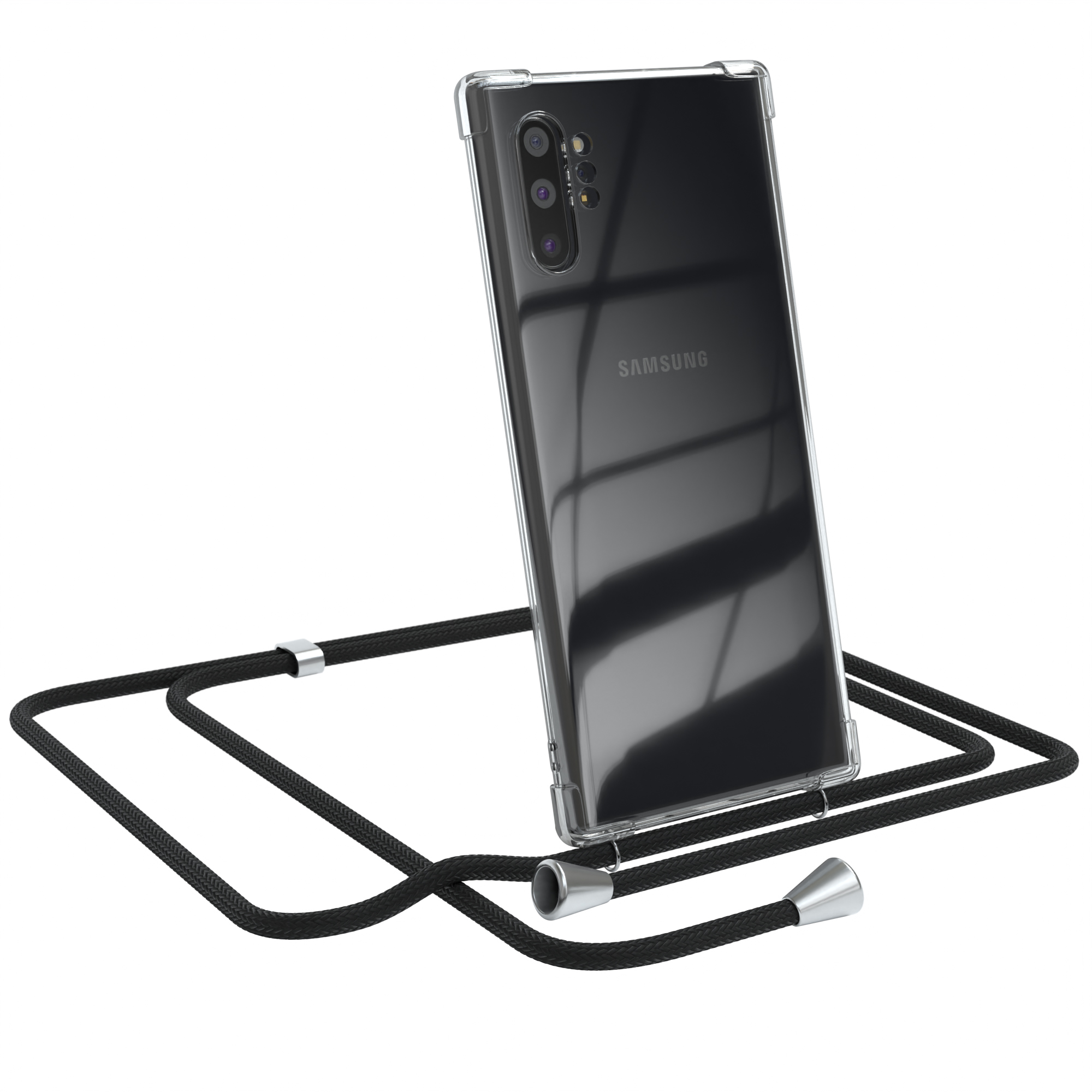 Schwarzes Telefon in klarer Hülle mit schwarzem Umhängeband. Weißer Hintergrund.
