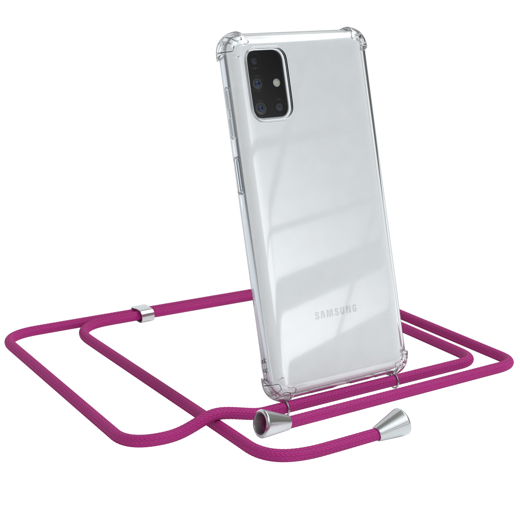 Eine transparente Handyhülle mit rosa Band. Das Telefon hat eine Kamera und lehnt sich vor.