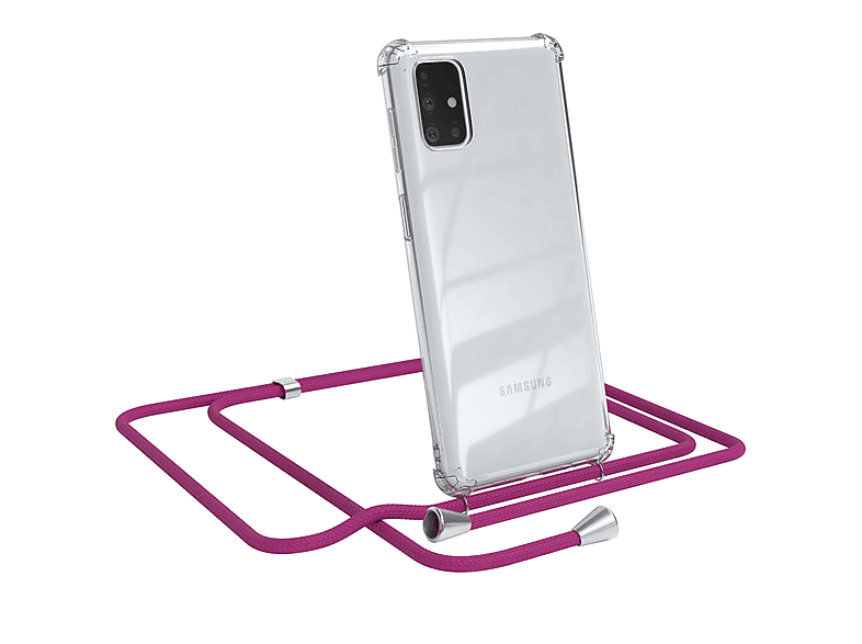 EAZY CASE Clear Cover mit Umhängeband, Umhängetasche, Samsung, Galaxy M51, Pink / Clips Silber
