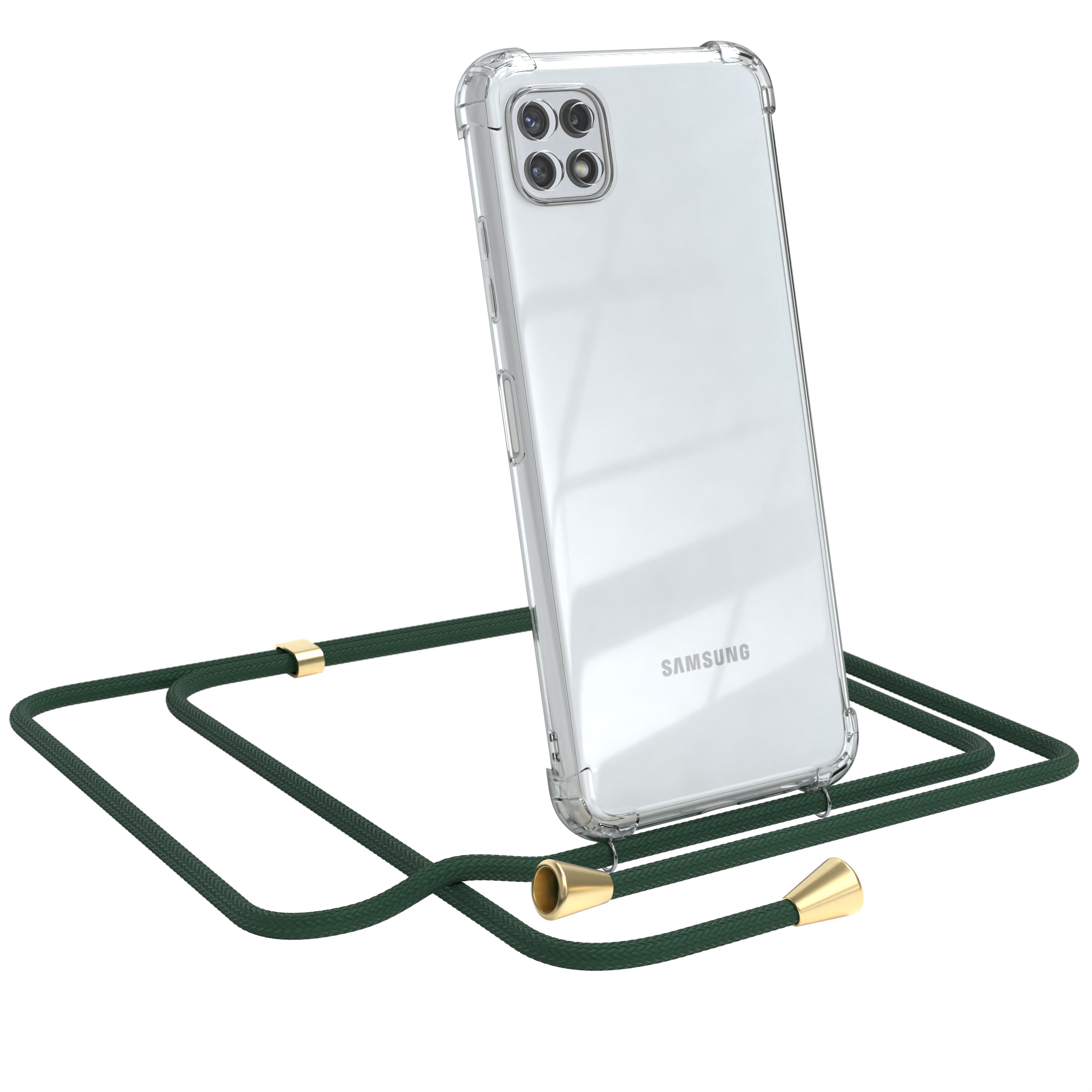 Transparente Handyhülle mit grünem Umhängeband. Samsung Logo sichtbar.