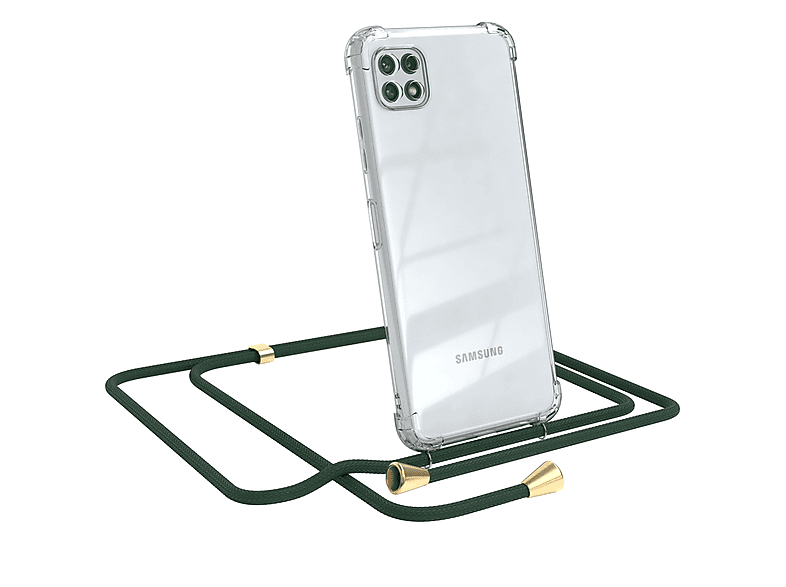 EAZY CASE Clear Cover mit Umhängeband, Umhängetasche, Samsung, Galaxy A22 5G, Grün / Clips Gold