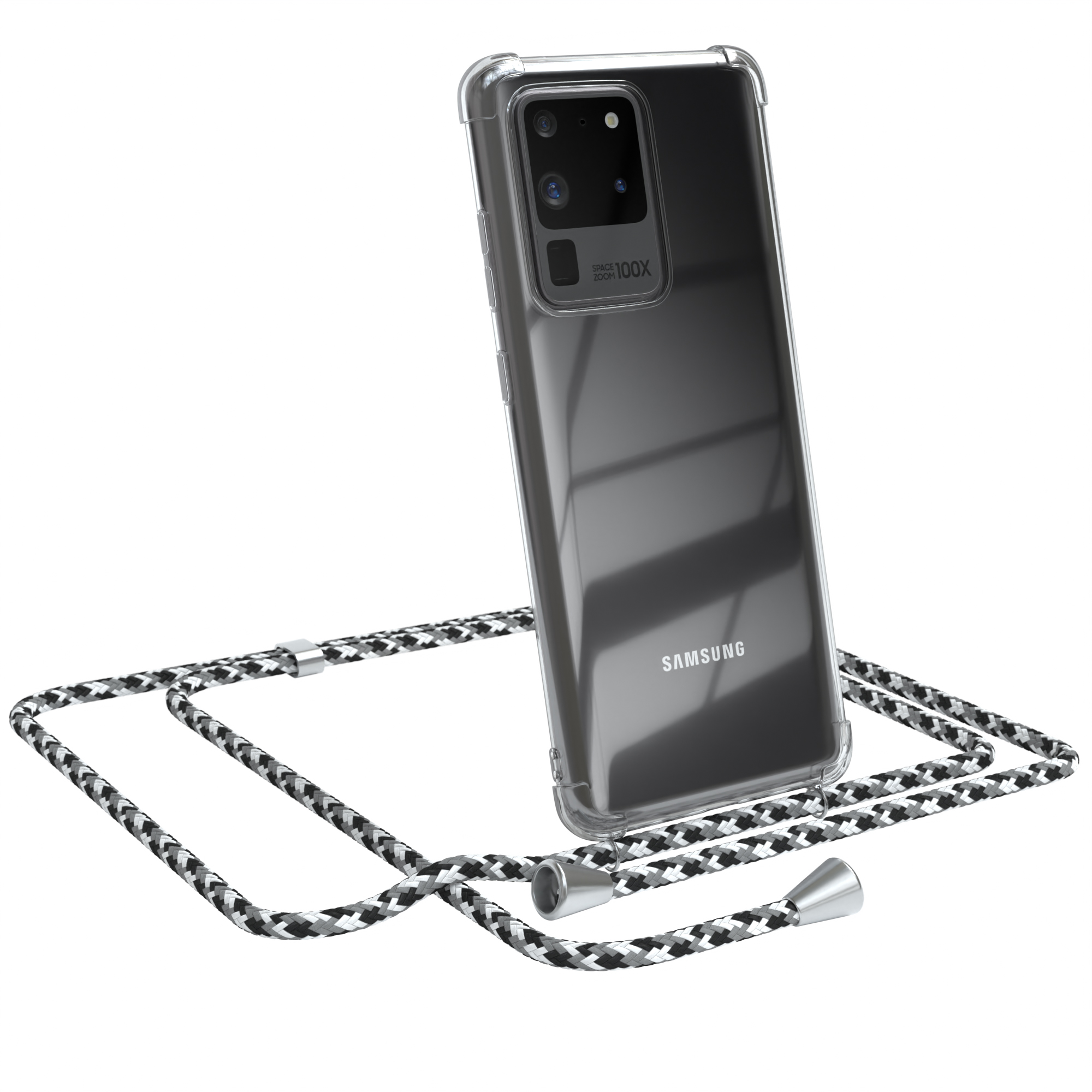 Transparente Hülle mit schwarz/weißem Kordel. Samsung.