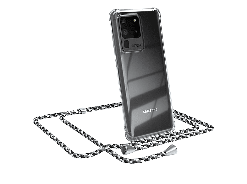 EAZY CASE Clear Cover mit Umhängeband, Umhängetasche, Samsung, Galaxy S20 Ultra / S20 Ultra 5G, Schwarz Camouflage / Clips Silber