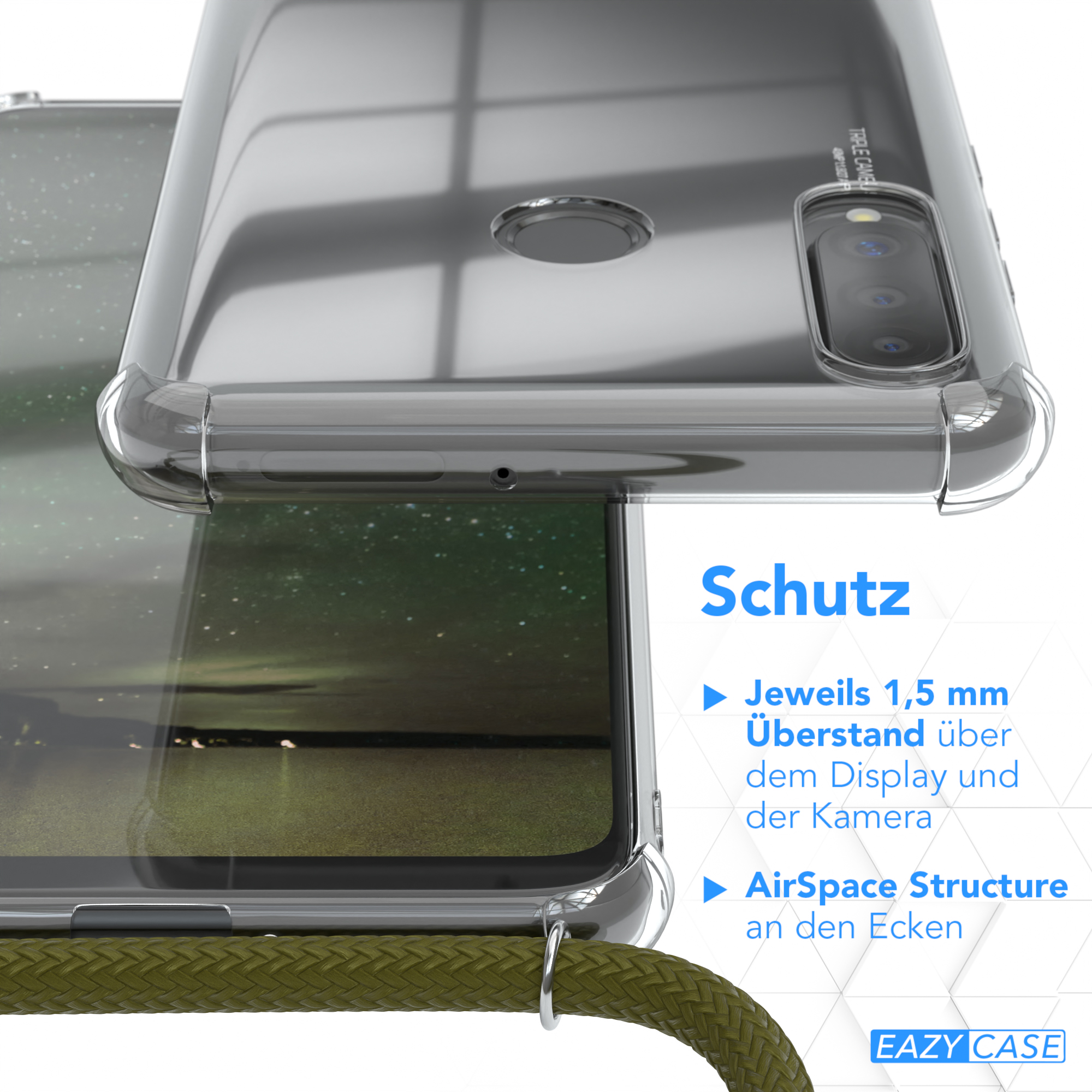 Transparente Handyhülle mit Schutzfunktionen. Telefon befindet sich in der Hülle. Grün-schwarzes Kabel befestigt.