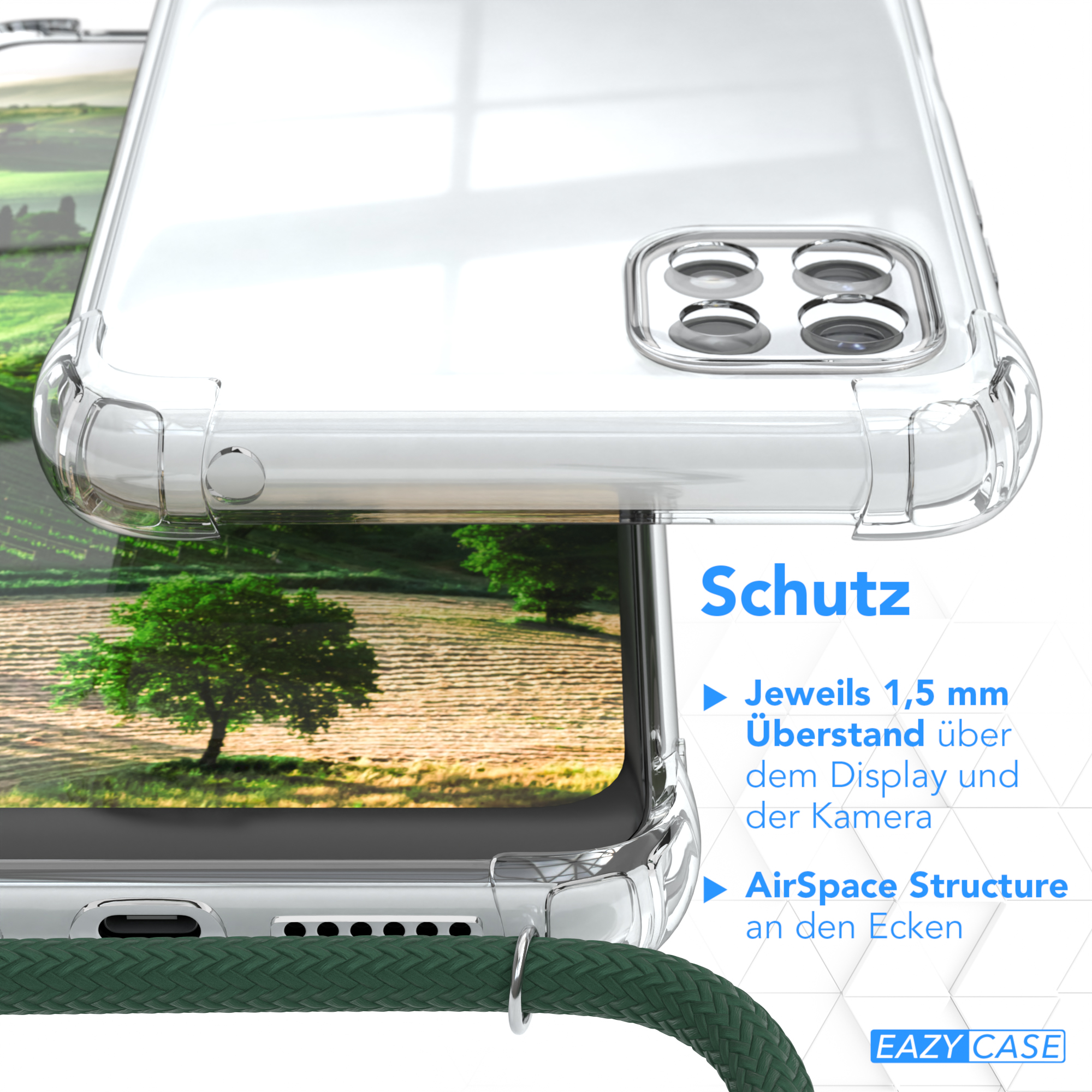 Transparente Handyhülle mit grünem Band, Text 'Schutz' und Details.