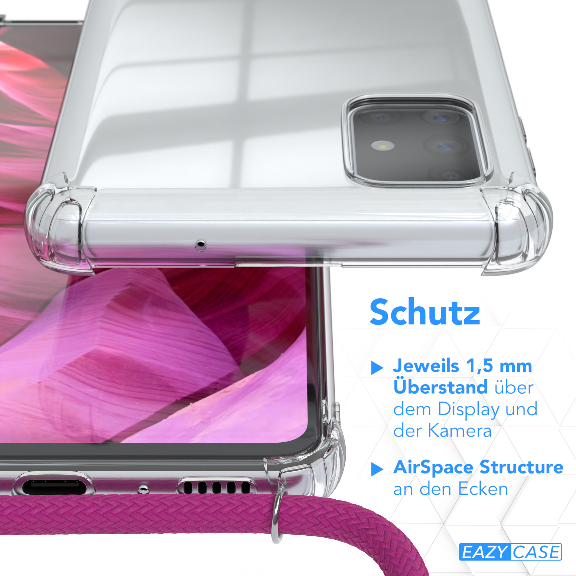 Transparente Handyhülle. Der Text lautet Schutz. AirSpace-Struktur ist sichtbar. Das Telefon hat eine Hülle.