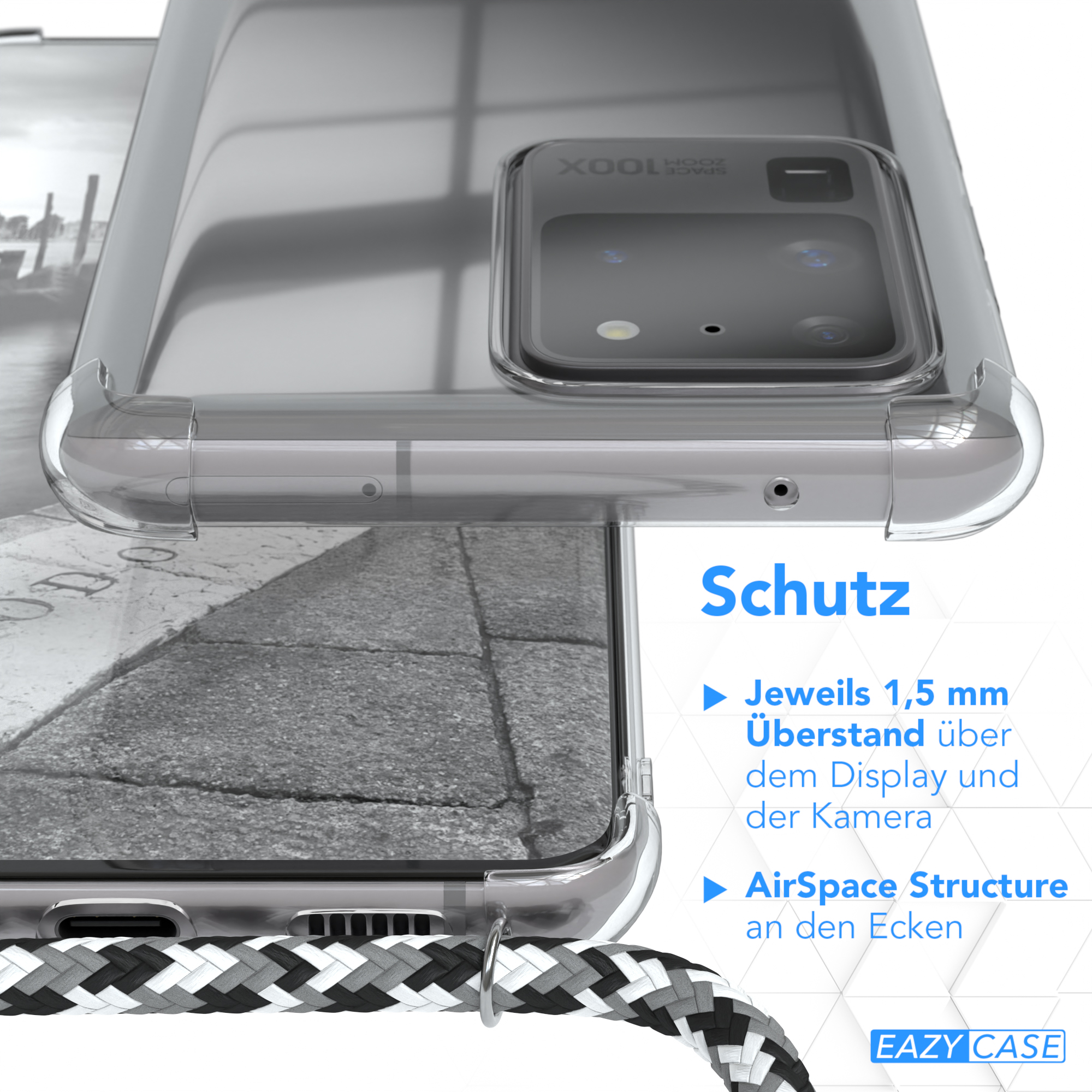 Nahaufnahme von Handyhülle und Telefon. Text: Schutz, 1,5 mm über Display und Kamera.