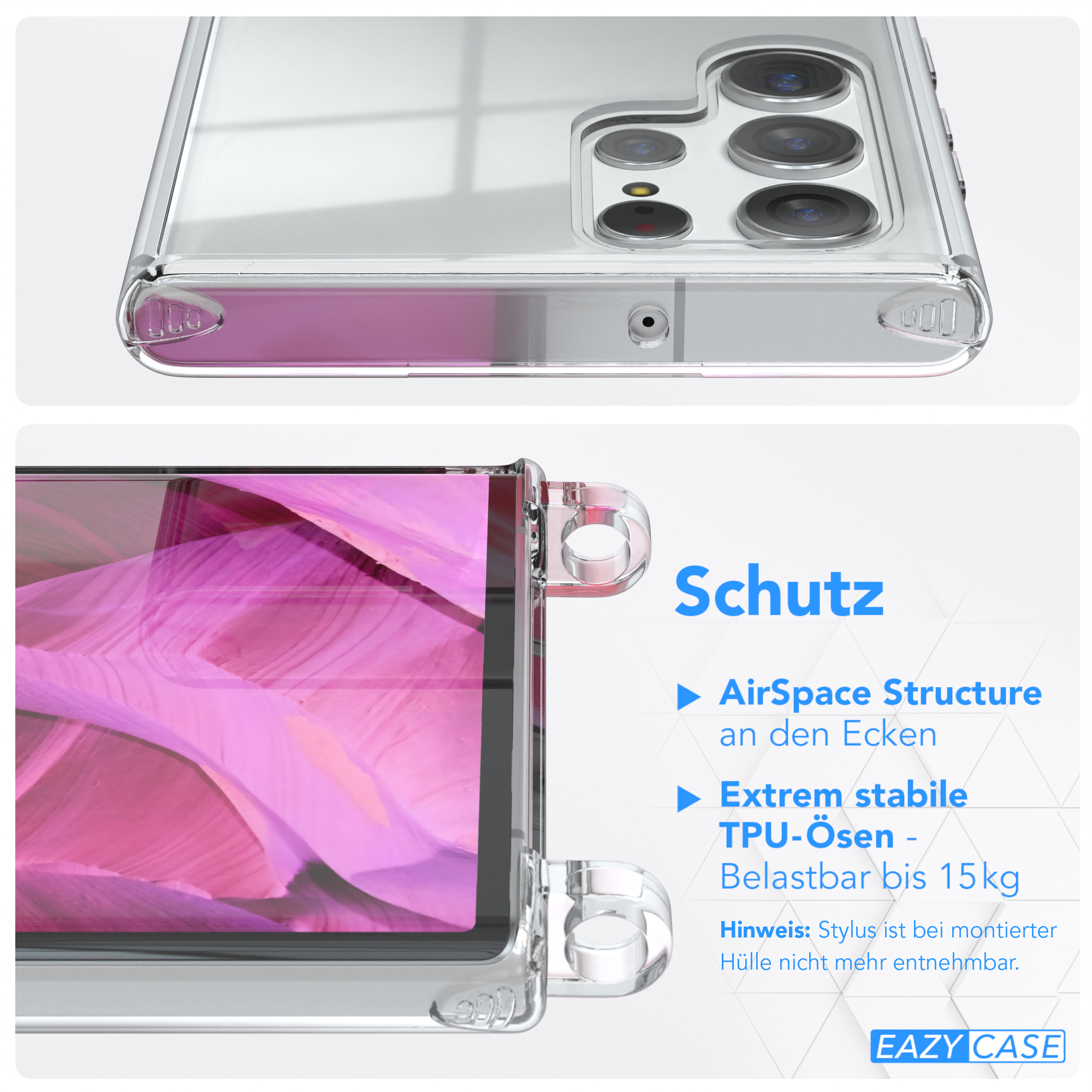 CASE EAZY Clips / S22 5G, Samsung, Umhängeband, Clear Umhängetasche, Pink Galaxy mit Cover Silber Ultra