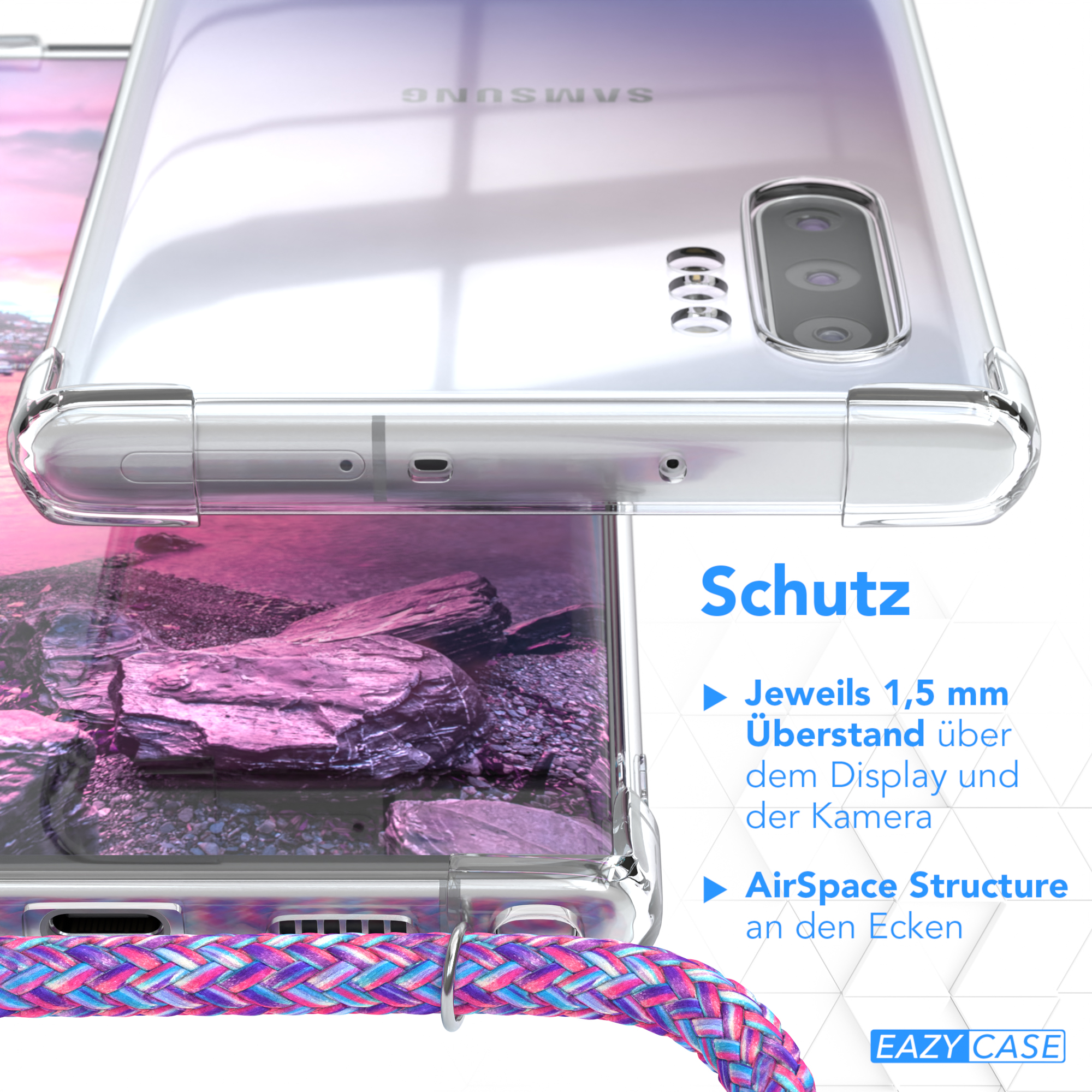 Nahaufnahme eines Telefons in der Hülle. Text über Schutz. Die Hülle hat eine pink-blaue Kordel.