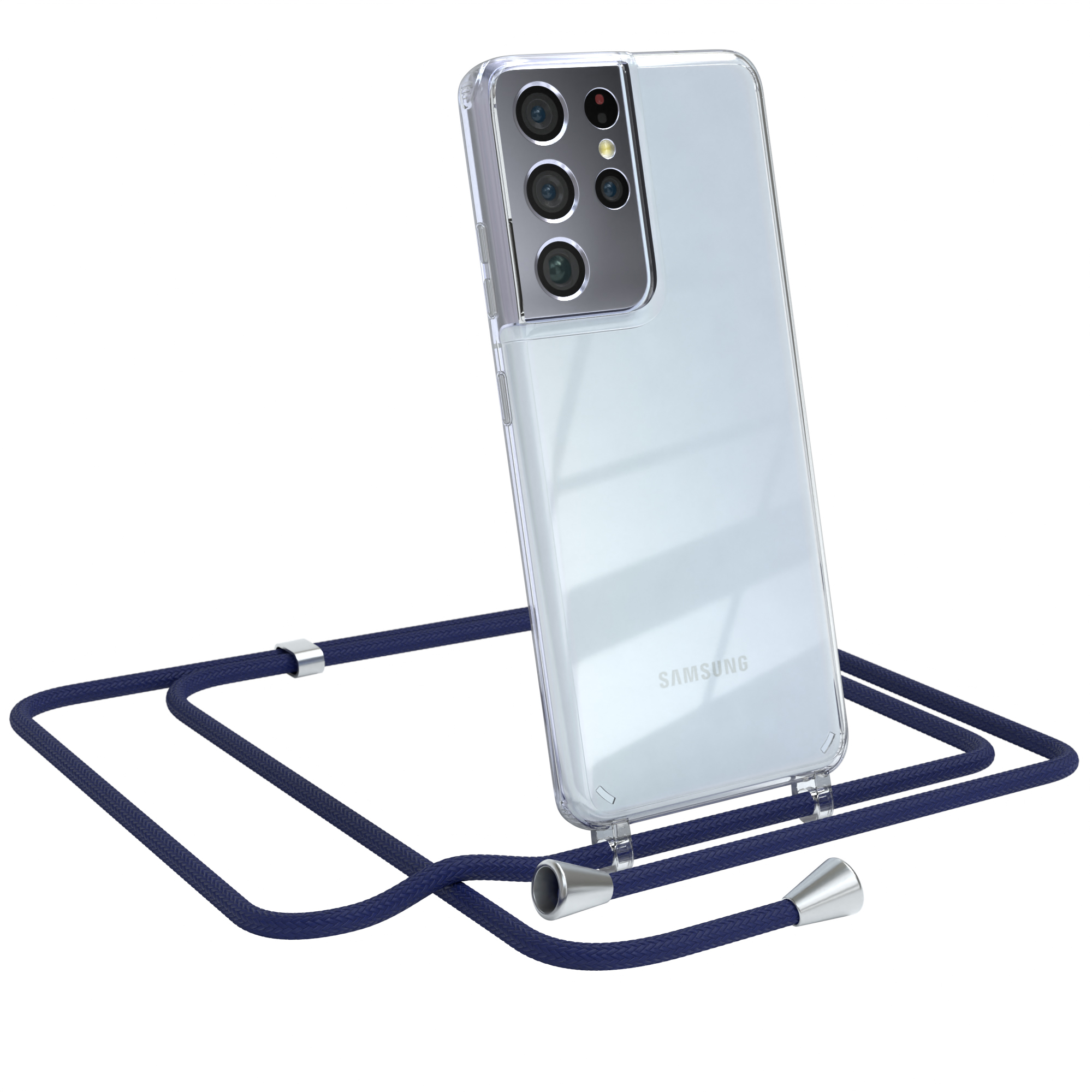 EAZY CASE Clear Cover S21 / Samsung, mit Clips Silber Galaxy Blau Ultra Umhängeband, Umhängetasche, 5G