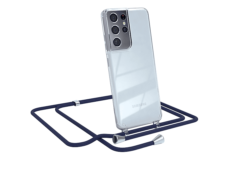 EAZY CASE Clear Cover mit Umhängeband, Umhängetasche, Samsung, Galaxy S21 Ultra 5G, Blau / Clips Silber
