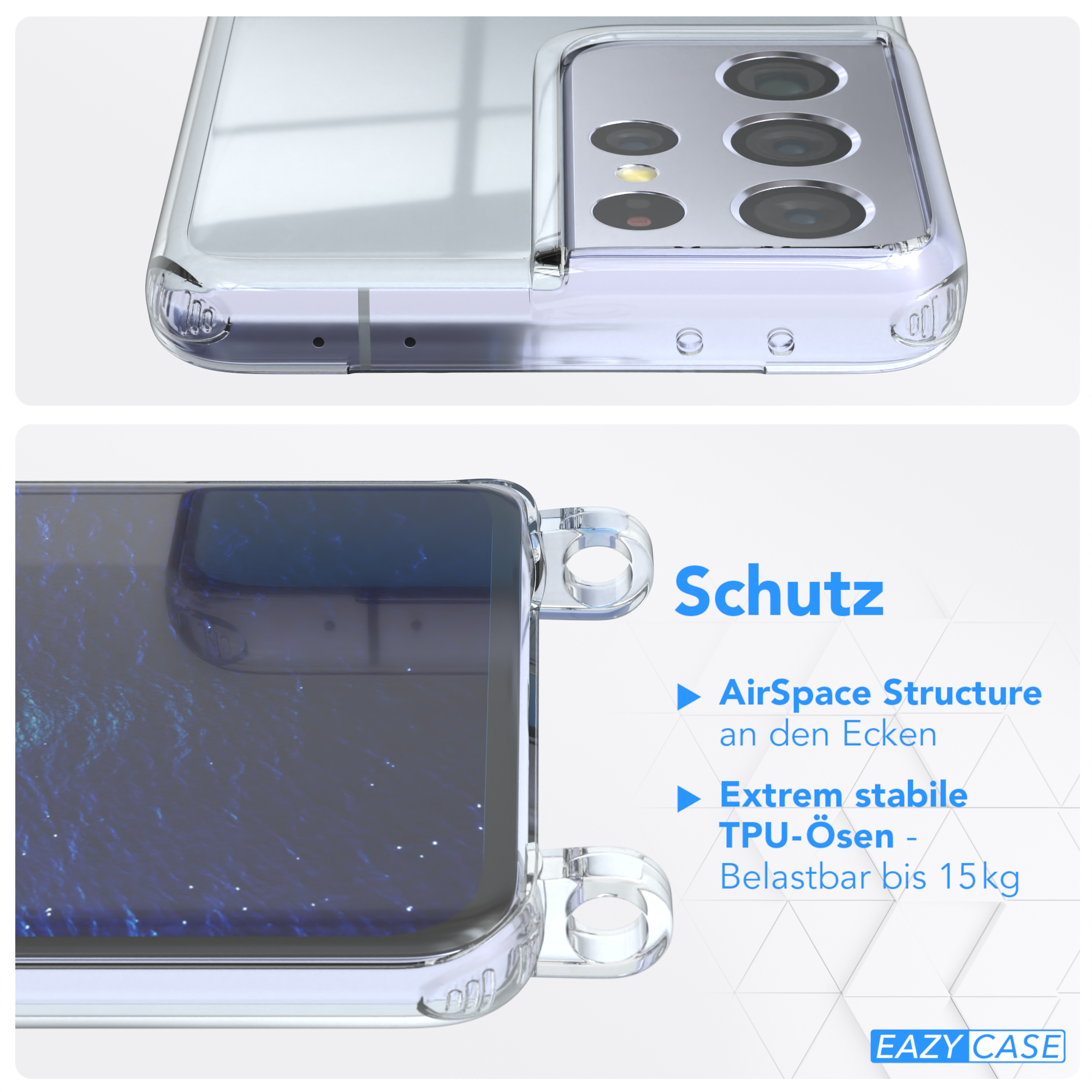 EAZY CASE Clear Cover Clips Umhängeband, S21 Umhängetasche, mit Ultra Samsung, Galaxy 5G, Blau Silber 