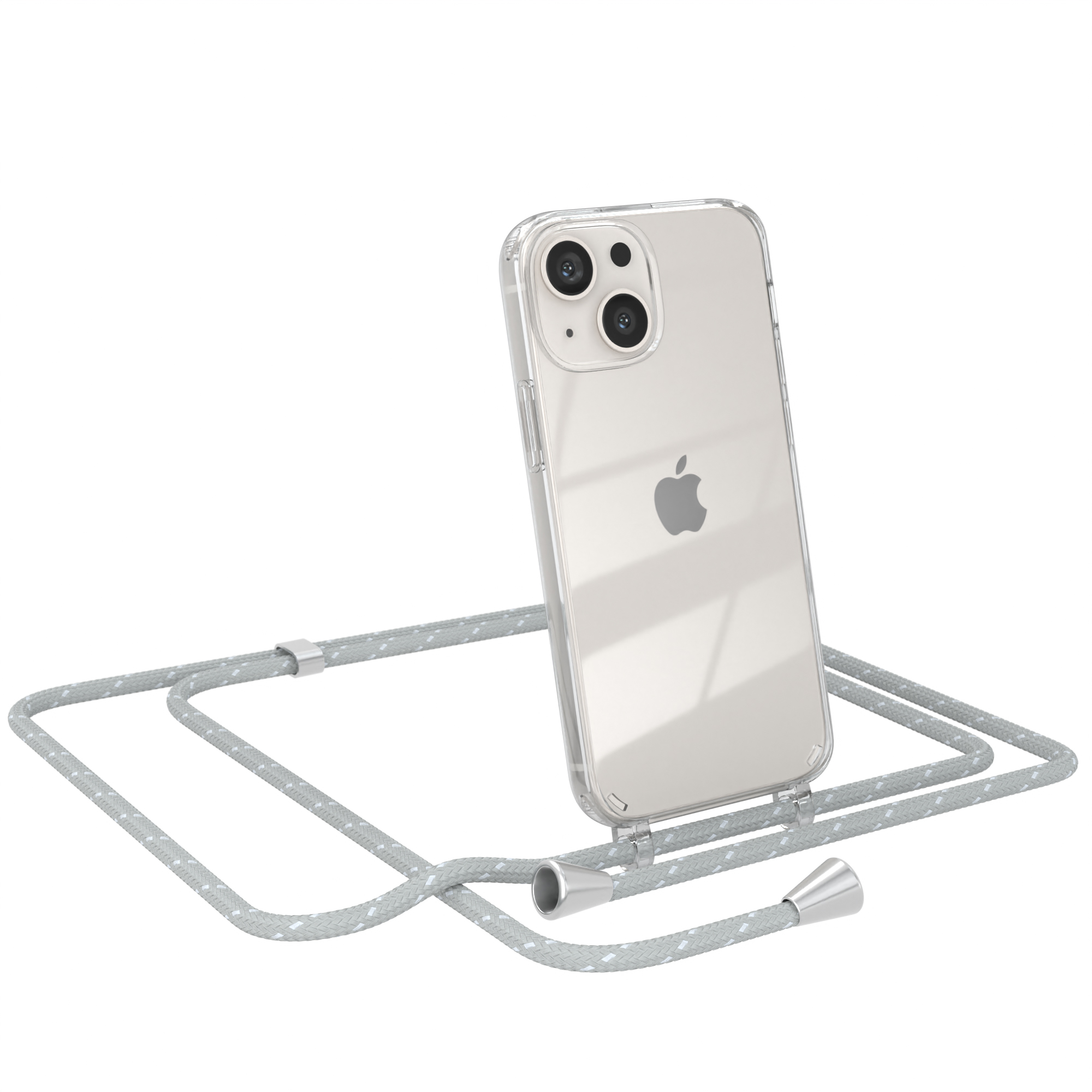 iPhone mit transparenter Hülle und grauem Riemen. Apple-Logo sichtbar.