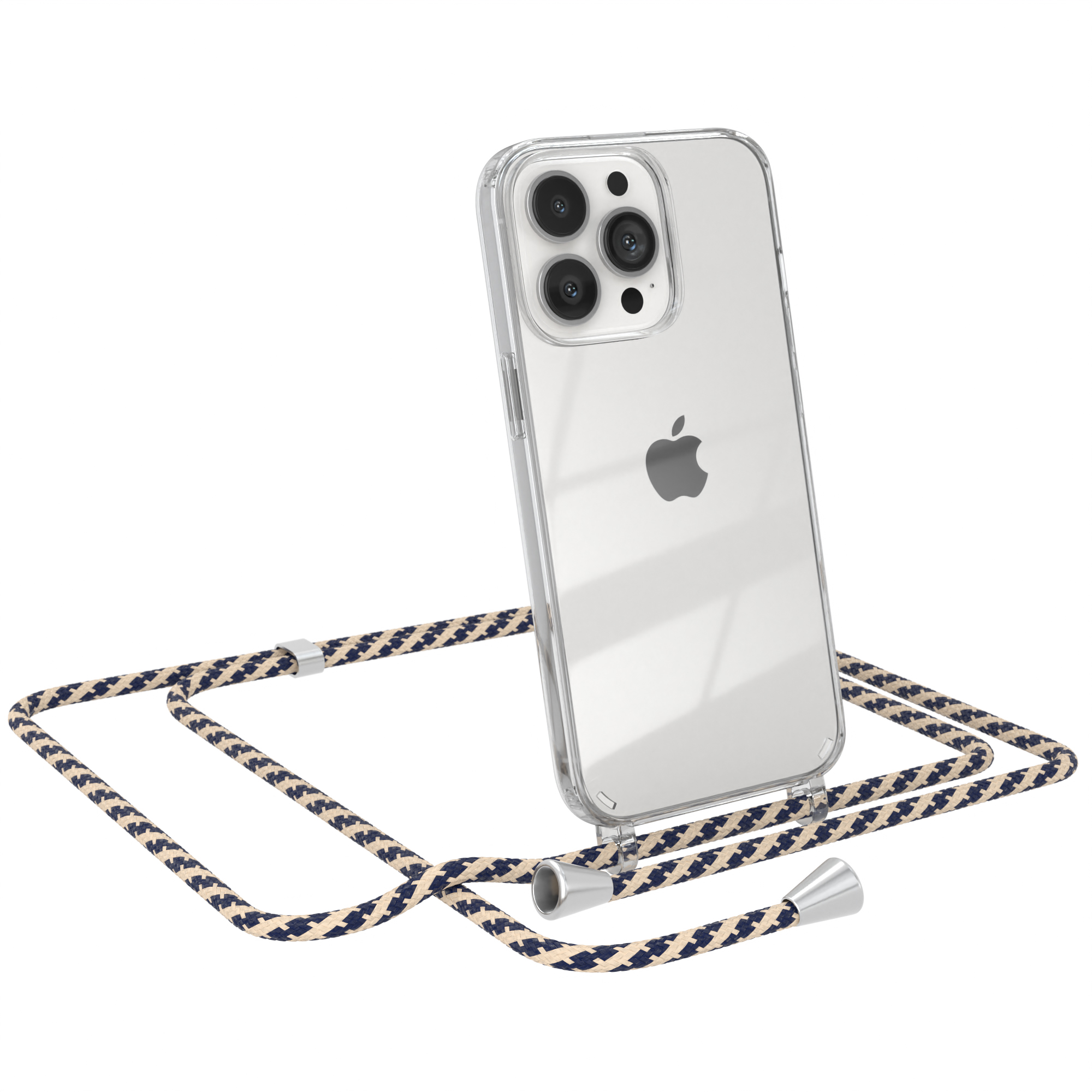 Transparente Handyhülle mit gemustertem Umhängeband. Ein Apple-Handy ist darin. Weißer Hintergrund.