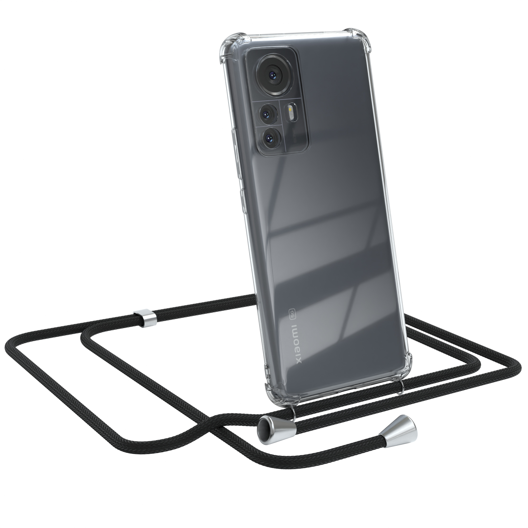 Transparente Handyhülle mit schwarzem Kordel. Das Telefon ist ein Xiaomi. Weißer Hintergrund.