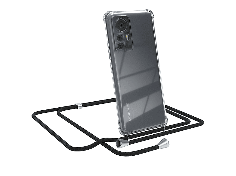 EAZY CASE Clear Cover mit Umhängeband, Umhängetasche, Xiaomi, 12 Pro, Schwarz / Clips Silber