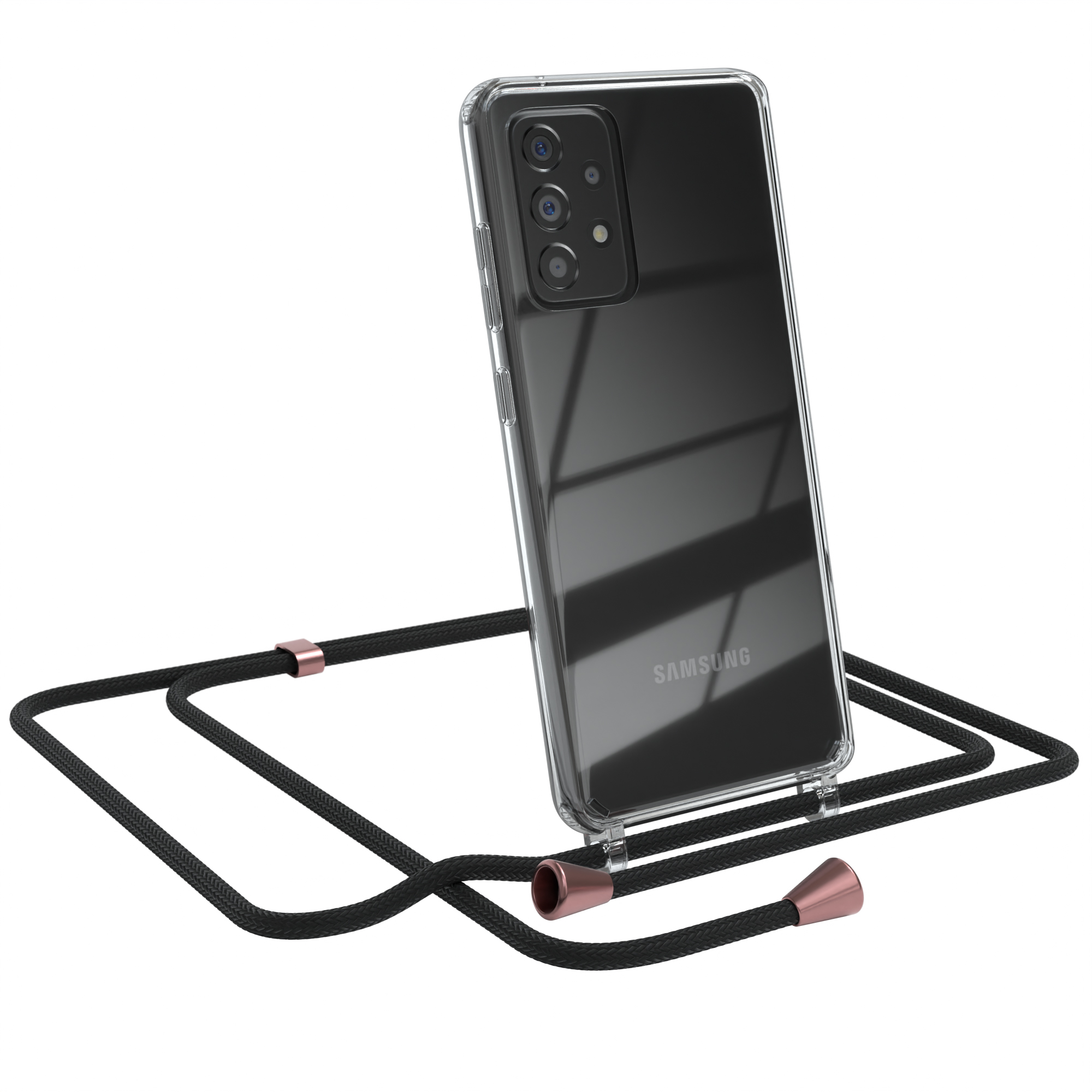 Transparente Handyhülle mit schwarzem Schlüsselband, roségoldenen Akzenten. Samsung-Telefon innen.