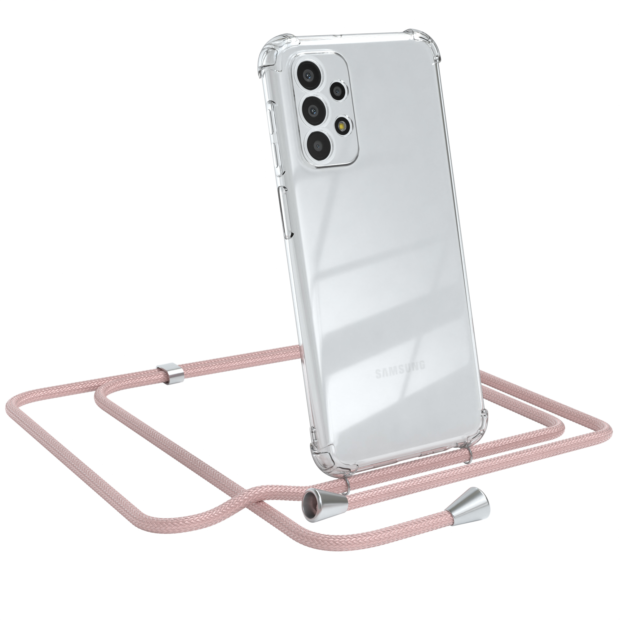 Transparente Handyhülle mit rosa Handystrap auf weißem Hintergrund.