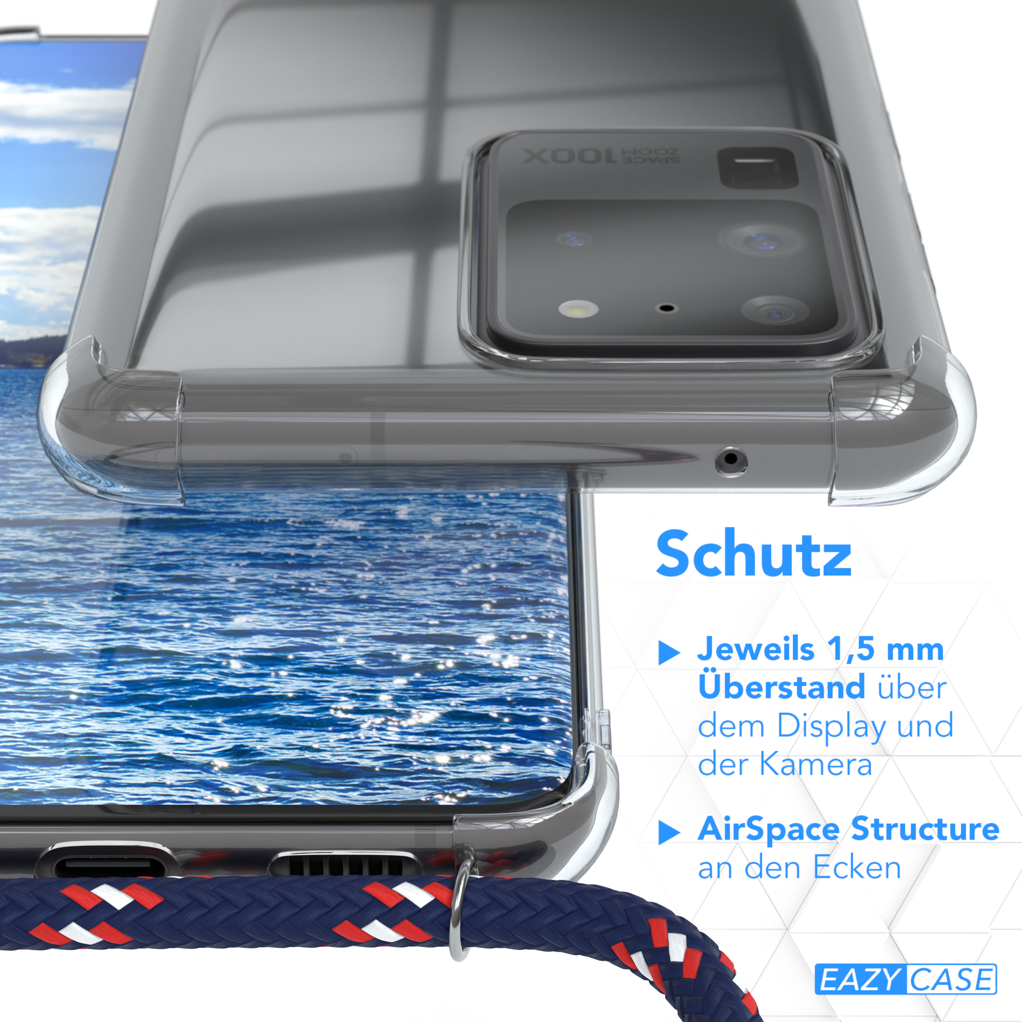 Nahaufnahme der Handyhülle. Transparente Hülle, Text: Schutz. Funktionen sind mit Pfeilen aufgelistet.