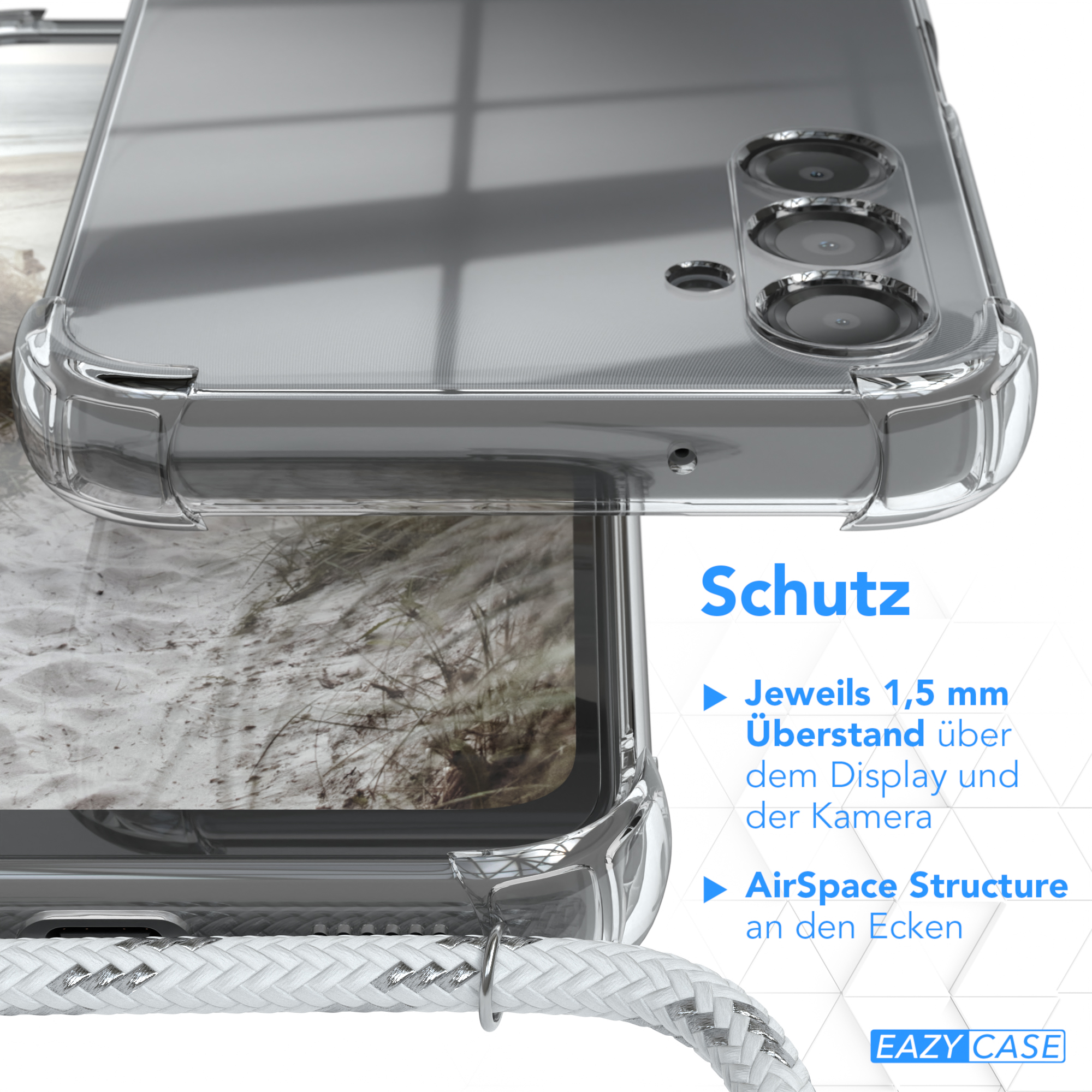 Nahaufnahme der transparenten Handyhülle und des Kabels. Text erwähnt Display- und Kameraschutz und AirSpace Structure.