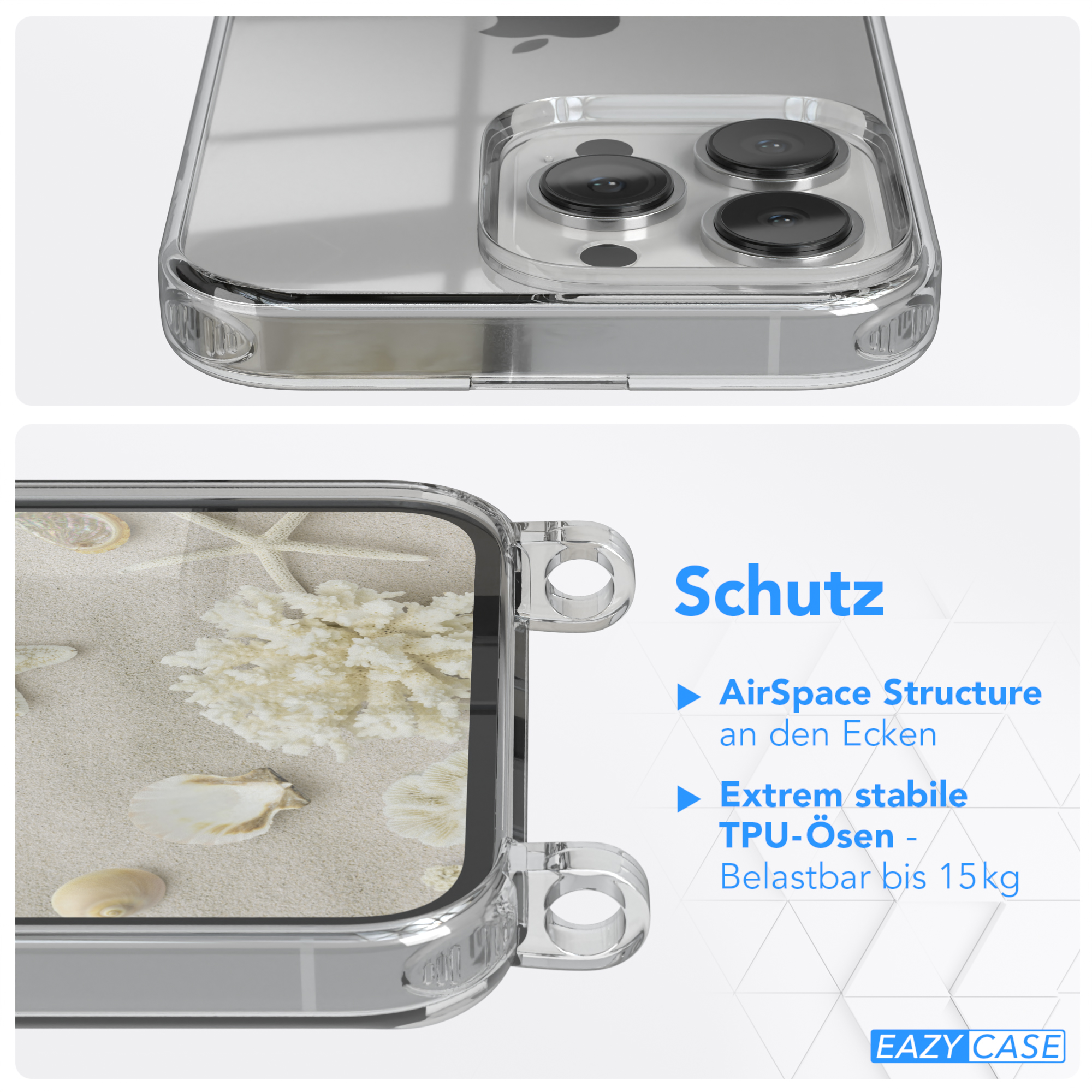 Nahaufnahme einer transparenten Handyhülle. Details zeigen Ecken, Sand, Muscheln und Korallen im Hintergrund.