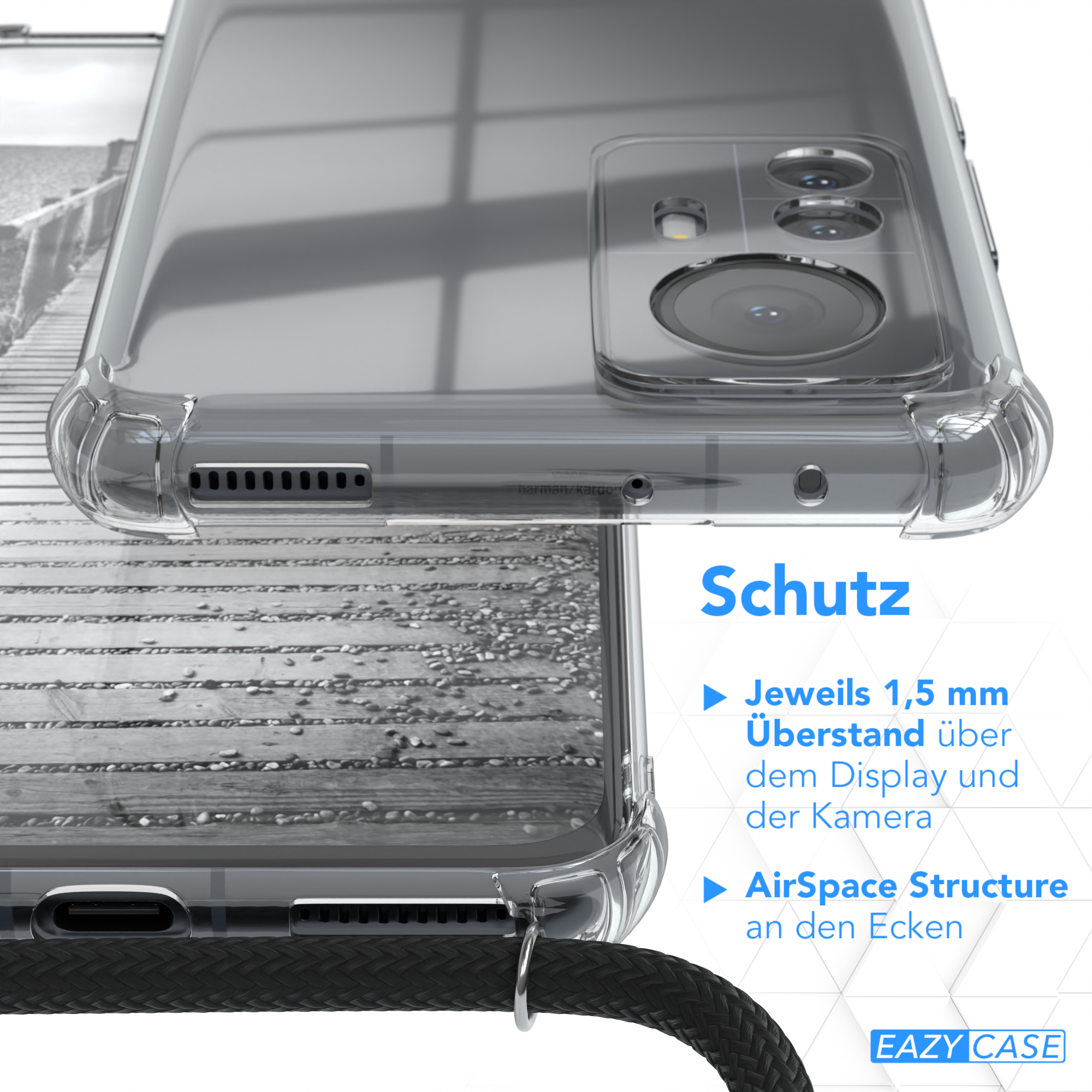 Eine transparente Handyhülle auf einem Telefon mit schwarzer Kordel. Text auf Deutsch.