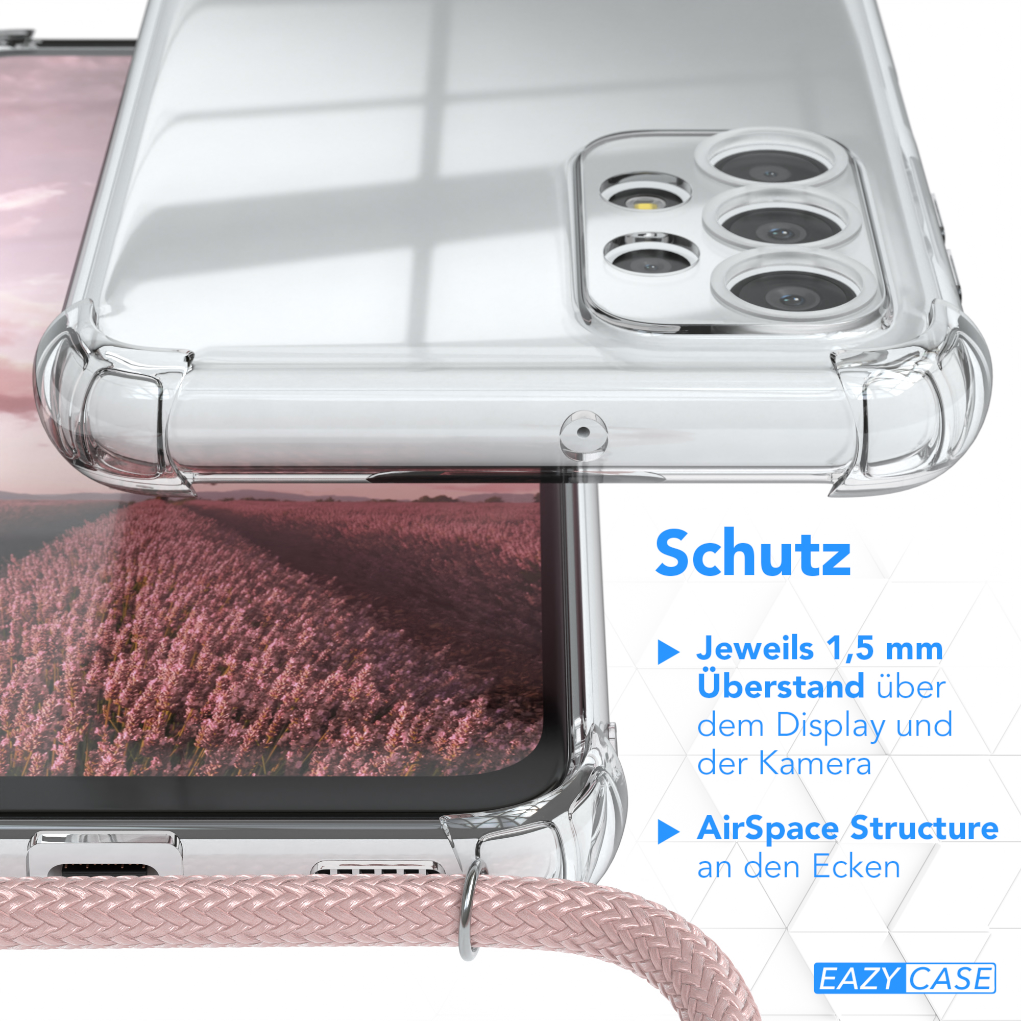 Nahaufnahme einer Handyhülle mit Telefon. Text lautet: '1,5 mm Überstand über Display und Kamera'.