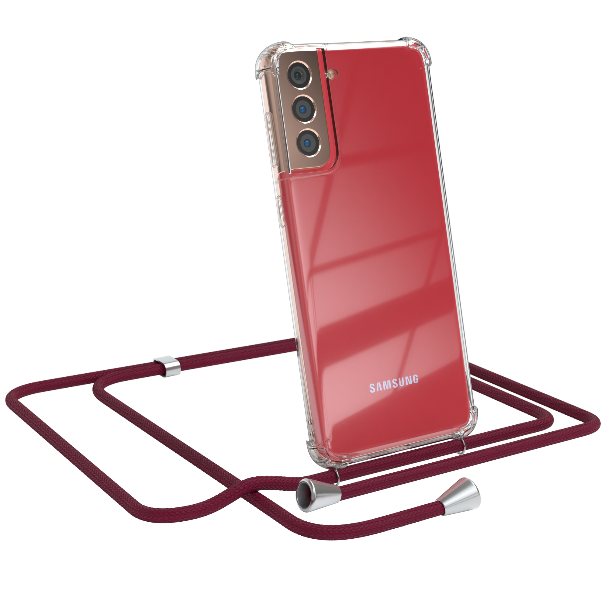 Samsung-Telefon in transparentem Gehäuse mit rotem Umhängeband. Weißer Hintergrund.
