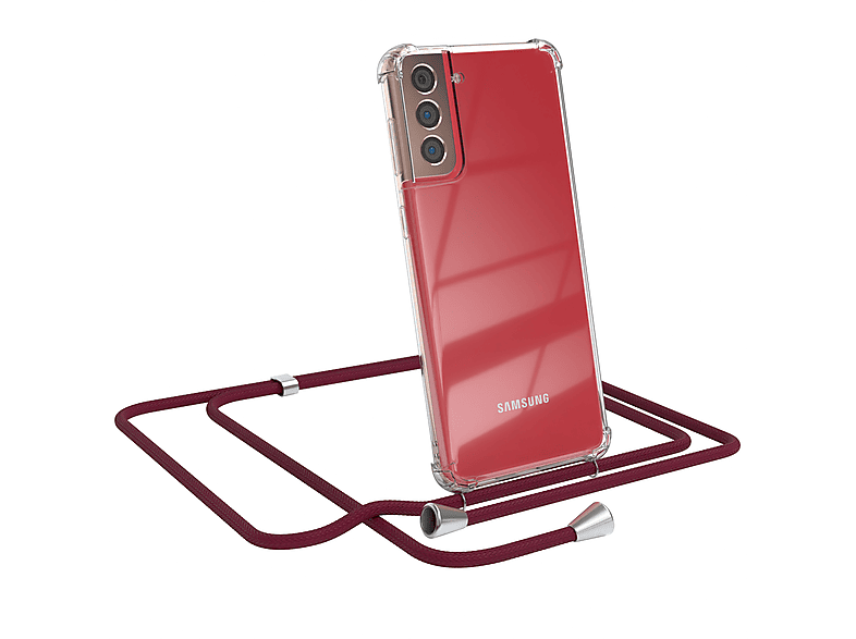 EAZY CASE Clear Cover mit S21 Galaxy Umhängeband, Plus Clips Samsung, Rot Umhängetasche, / Silber Bordeaux 5G