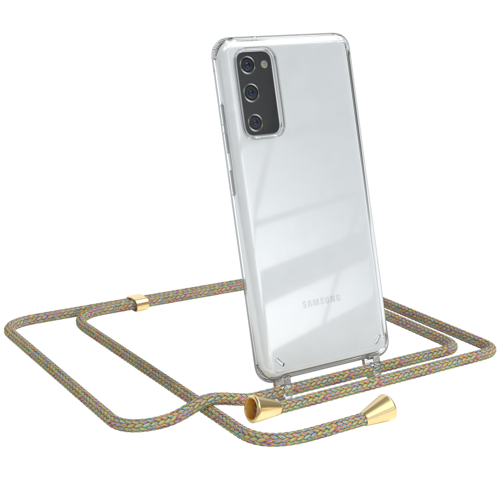 Transparente Handyhülle mit mehrfarbigem Riemen, Samsung-Telefon. Weißer Hintergrund.