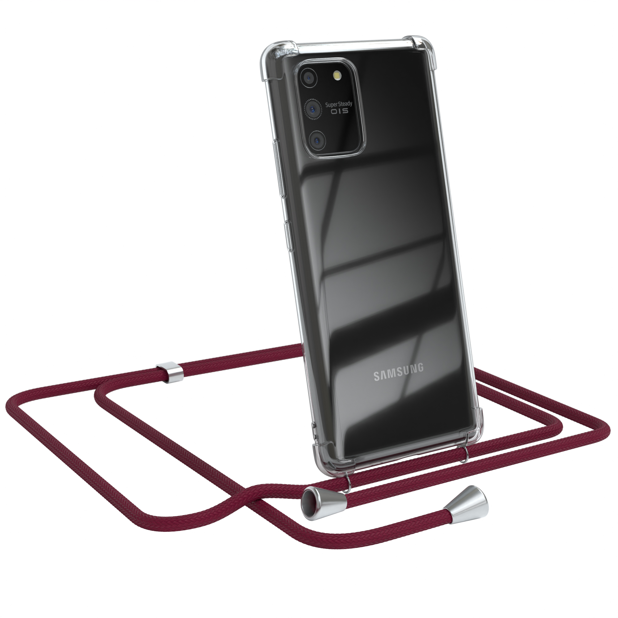 Schwarzes Telefon in klarer Hülle mit rotem Umhängeband. Weißer Hintergrund.