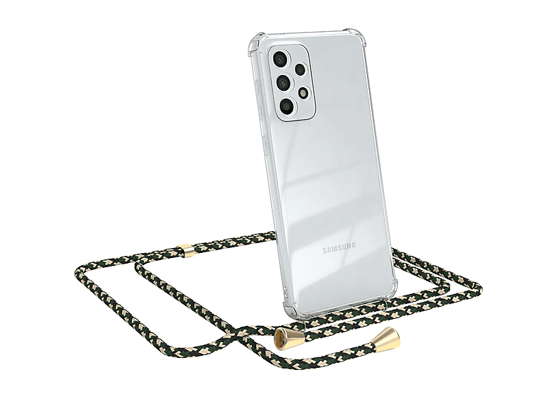 EAZY CASE Clear Cover mit Umhängeband, Umhängetasche, Samsung, Galaxy A33 5G, Grün Camouflage / Clips Gold