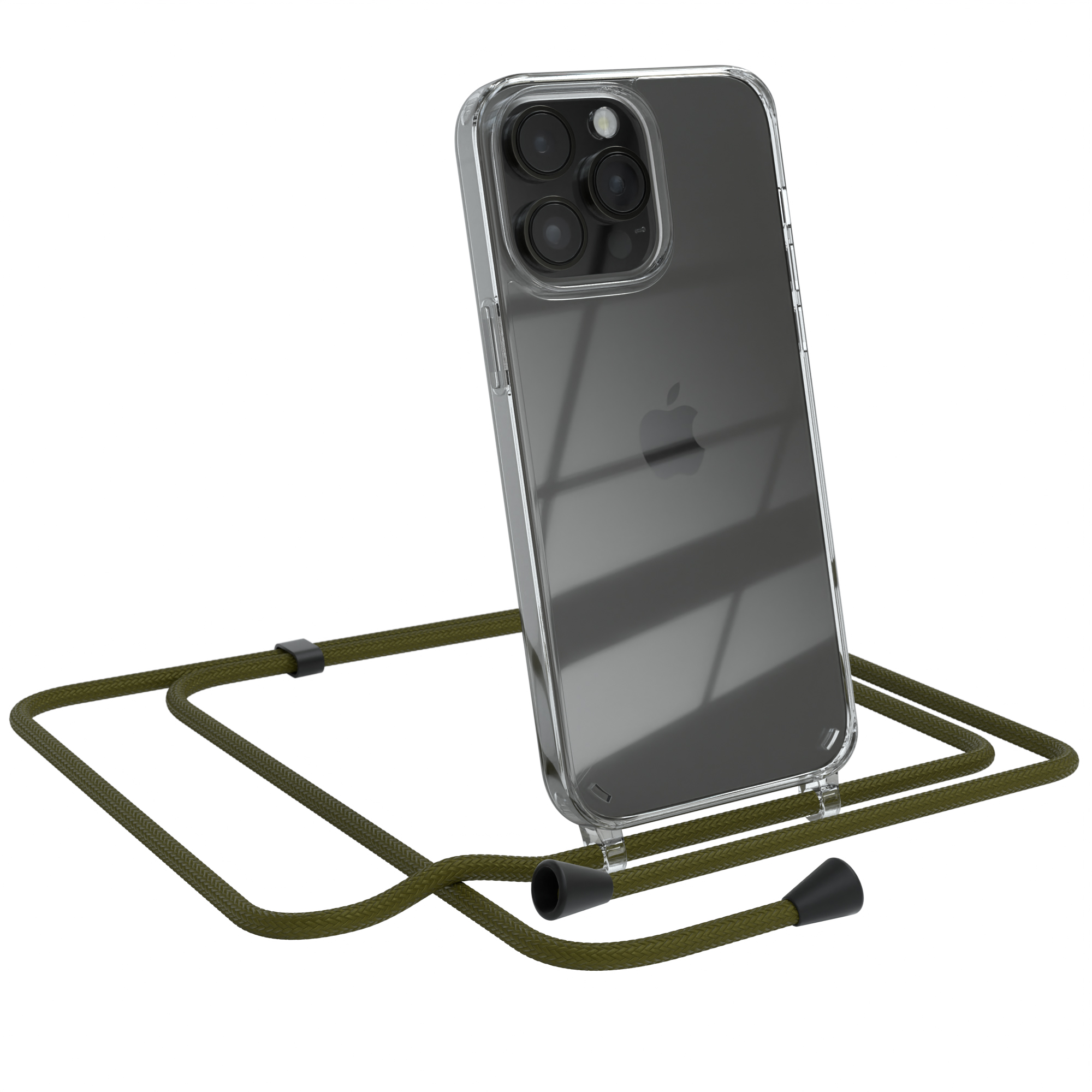 EAZY CASE Clear Cover mit Olive Grün Umhängetasche, Apple, iPhone Max, 14 Pro Umhängeband