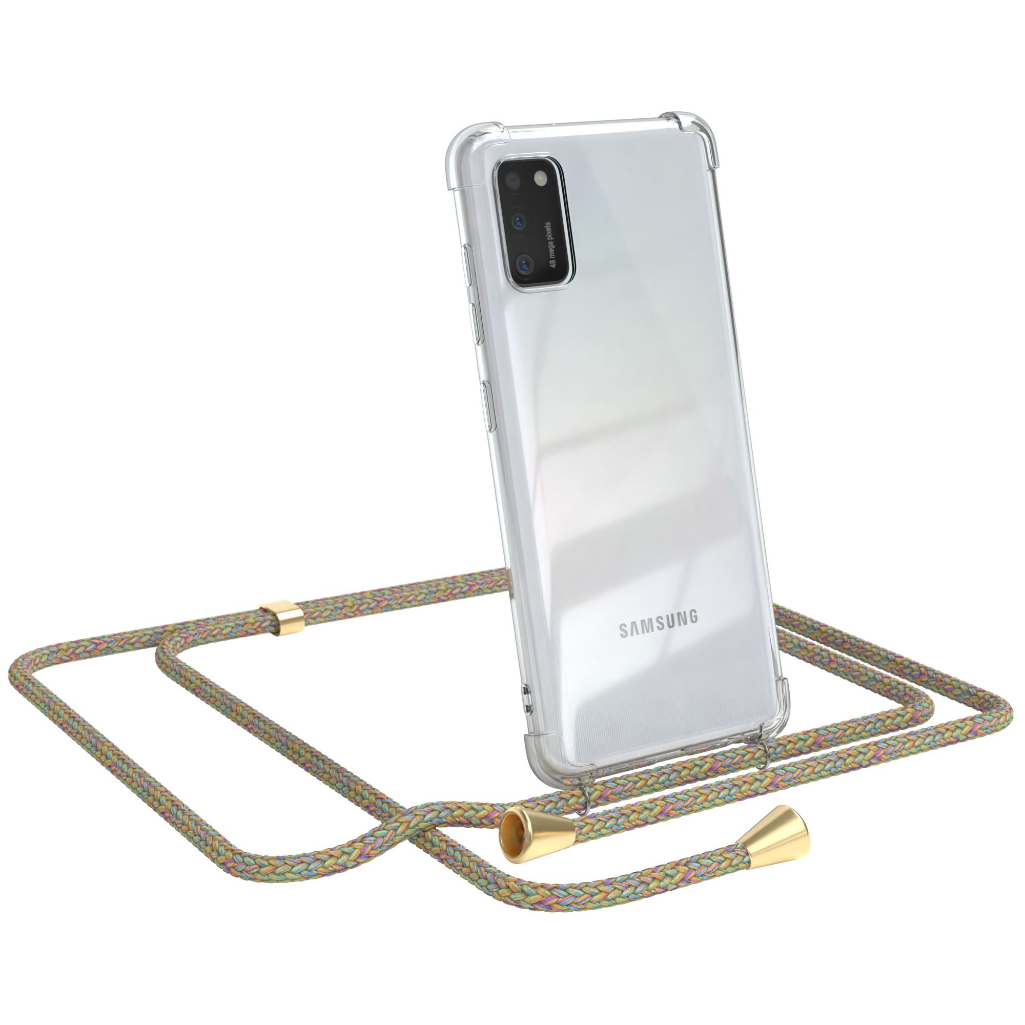 Transparente Handyhülle mit Telefon und mehrfarbigem Umhängeband.