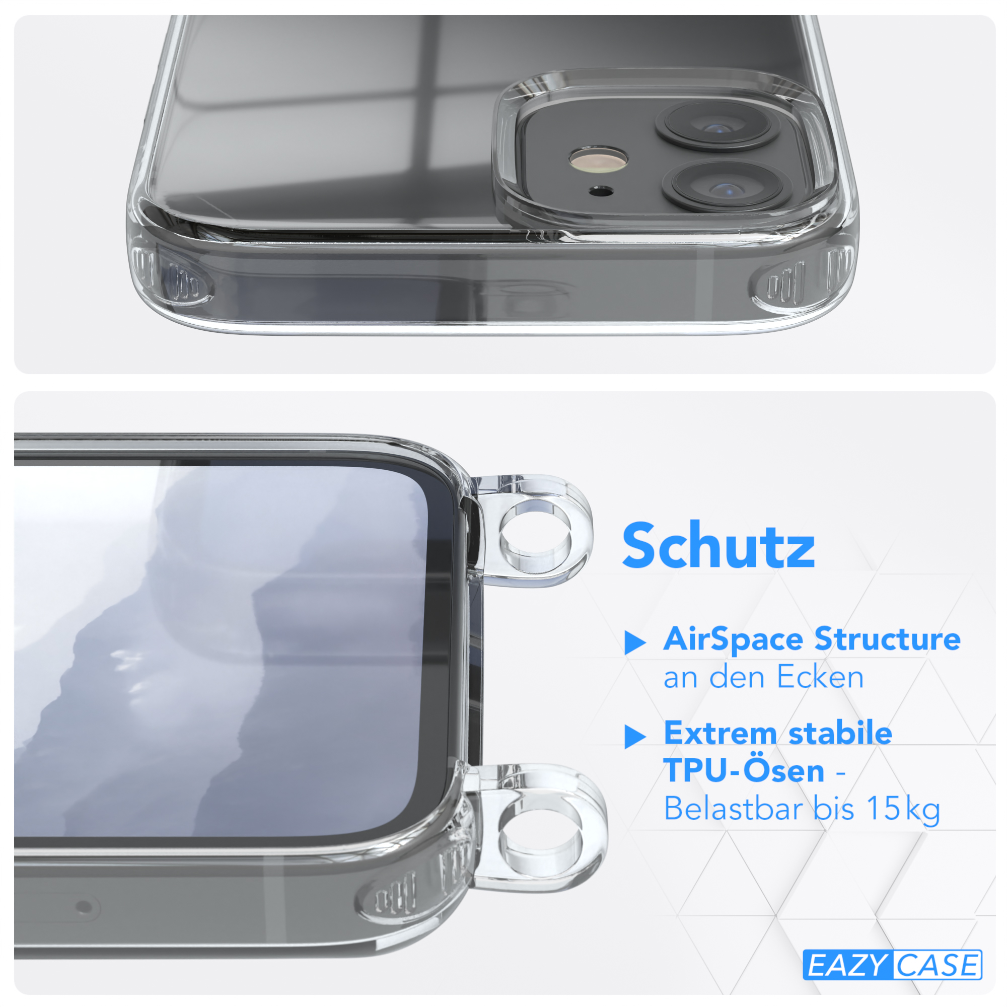 Transparente Handyhülle mit Sand- und Muschelhintergrund. Fokus auf AirSpace Structure.