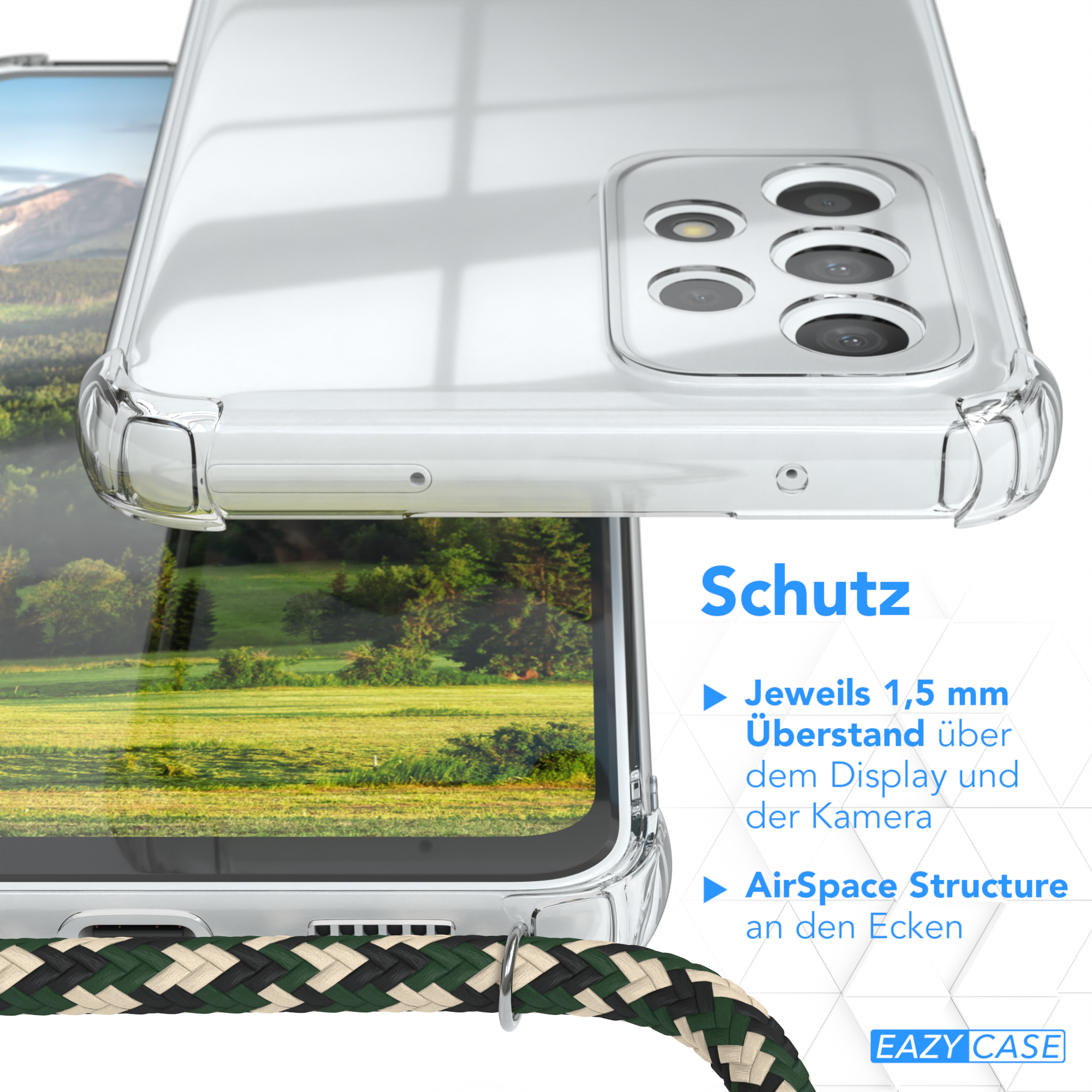 Transparente Handyhülle mit schwarz-grünem Riemen. Text: Schutz. Merkmale: 1,5 mm Überstand.