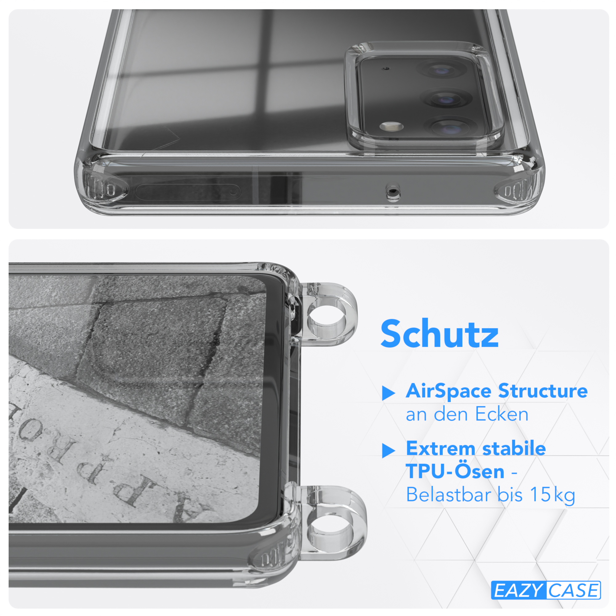 Eine transparente Handyhülle mit Text: Schutz. Die Hülle liegt auf einer Oberfläche mit Steinmuster.