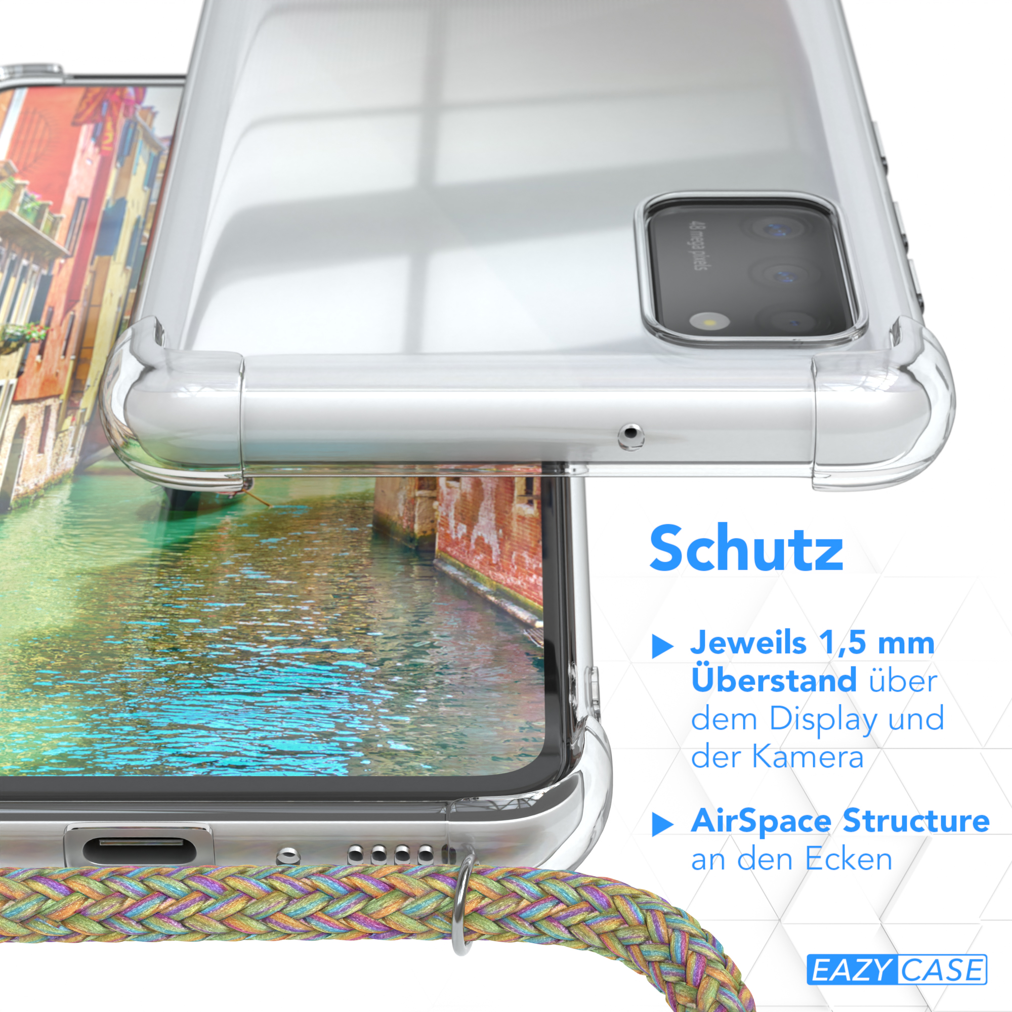 Nahaufnahme einer transparenten Handyhülle mit verschwommenem Kanalhintergrund.