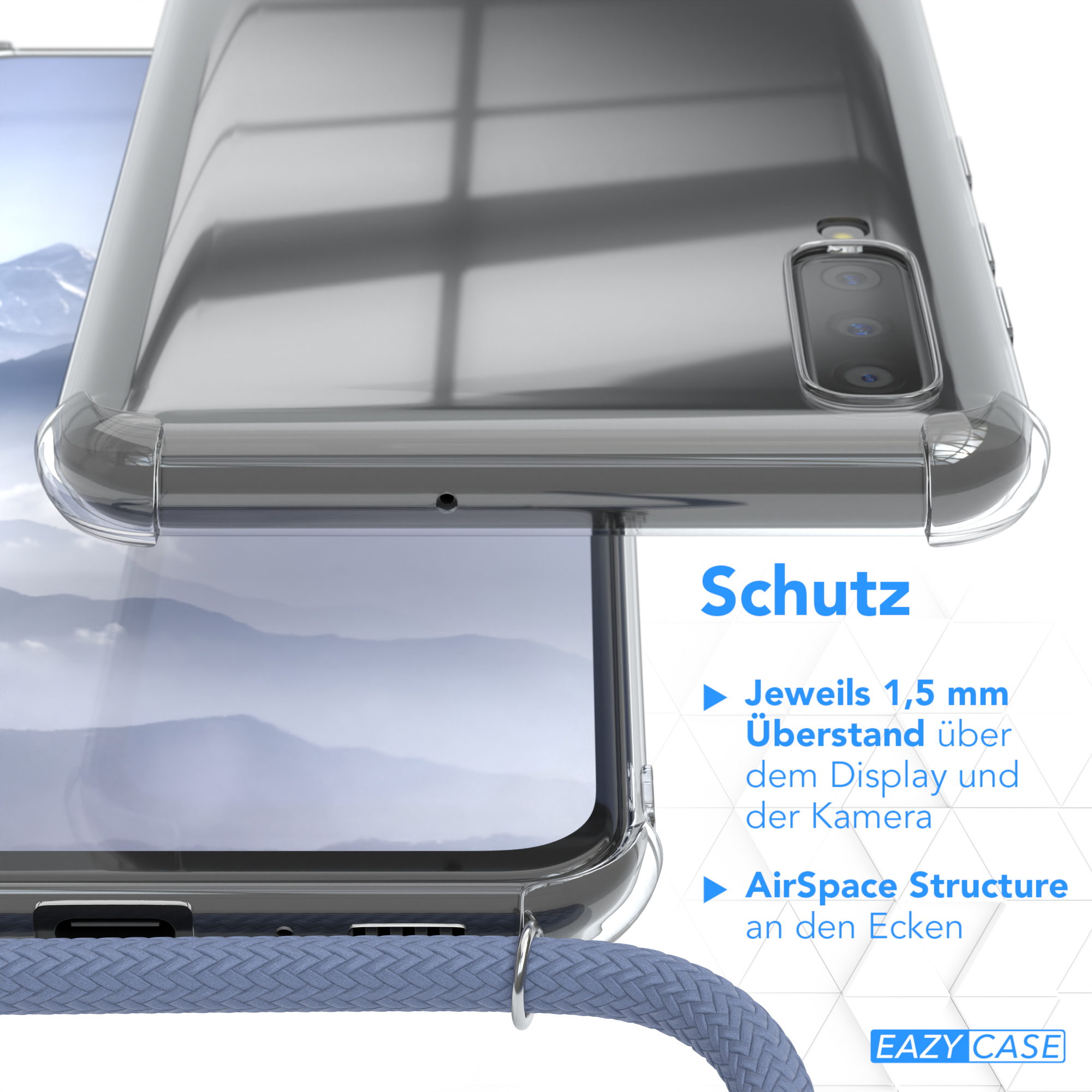 EAZY CASE Clear Cover mit Samsung, A70, Umhängeband, Galaxy Umhängetasche, Blau