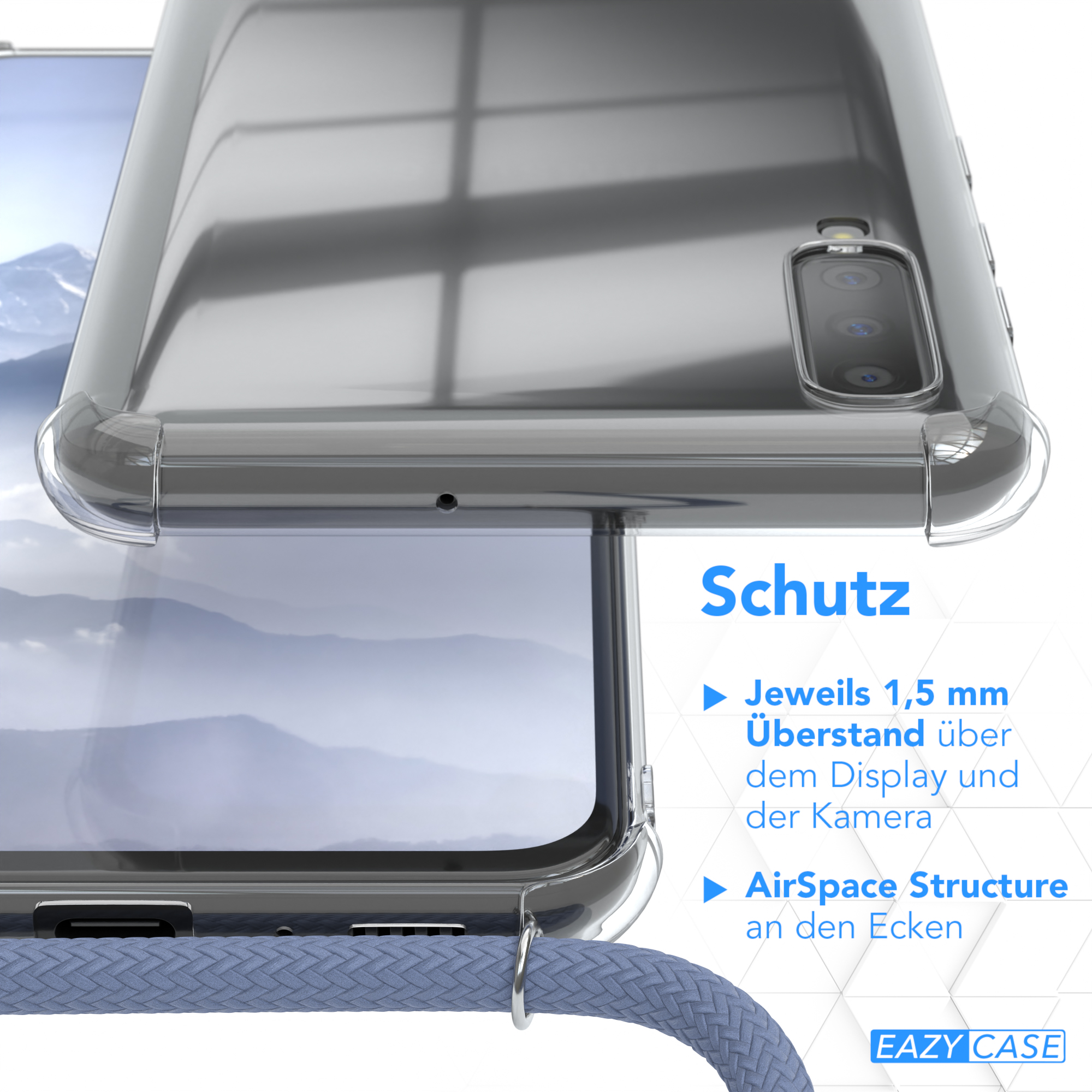 Nahaufnahme einer Handyhülle über einem Telefon. Zeigt die Schutzfunktionen und Lanyard-Befestigungspunkte.