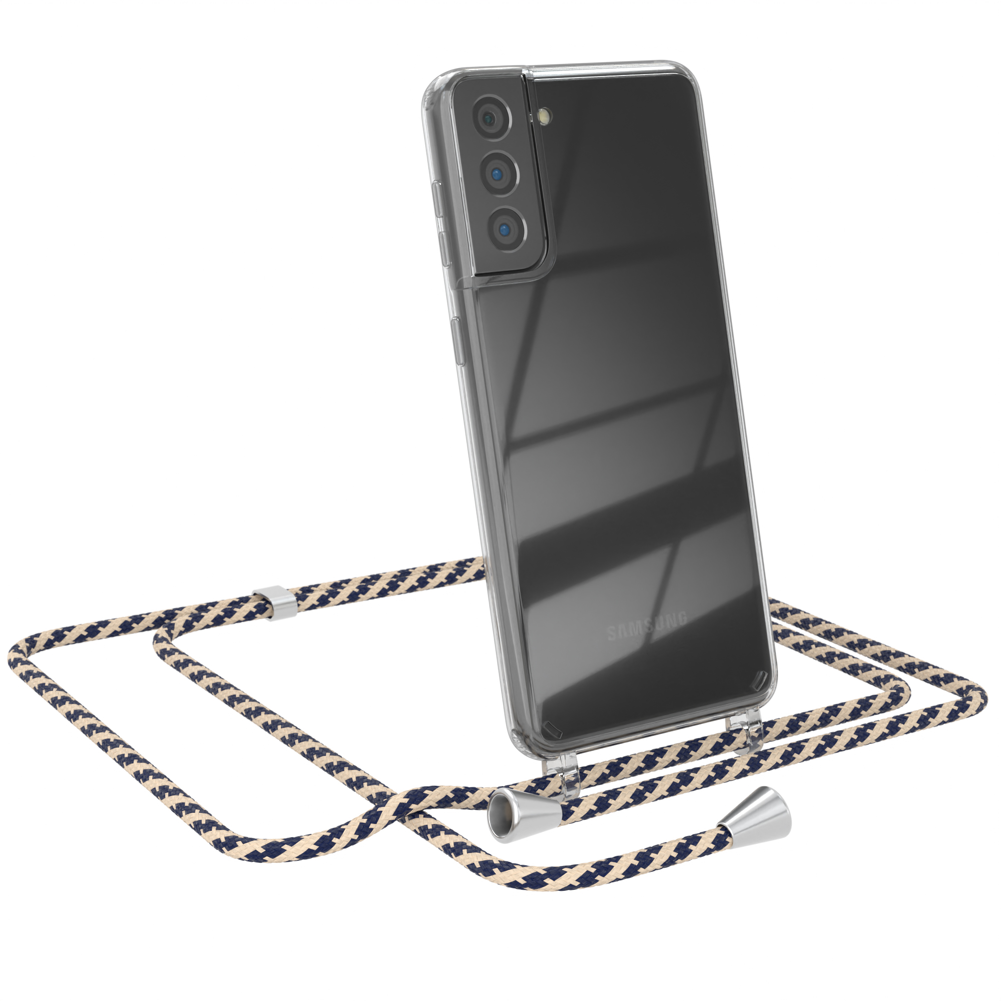 Telefon in transparenter Hülle mit gemustertem Band. Das Telefon ist ein Samsung.