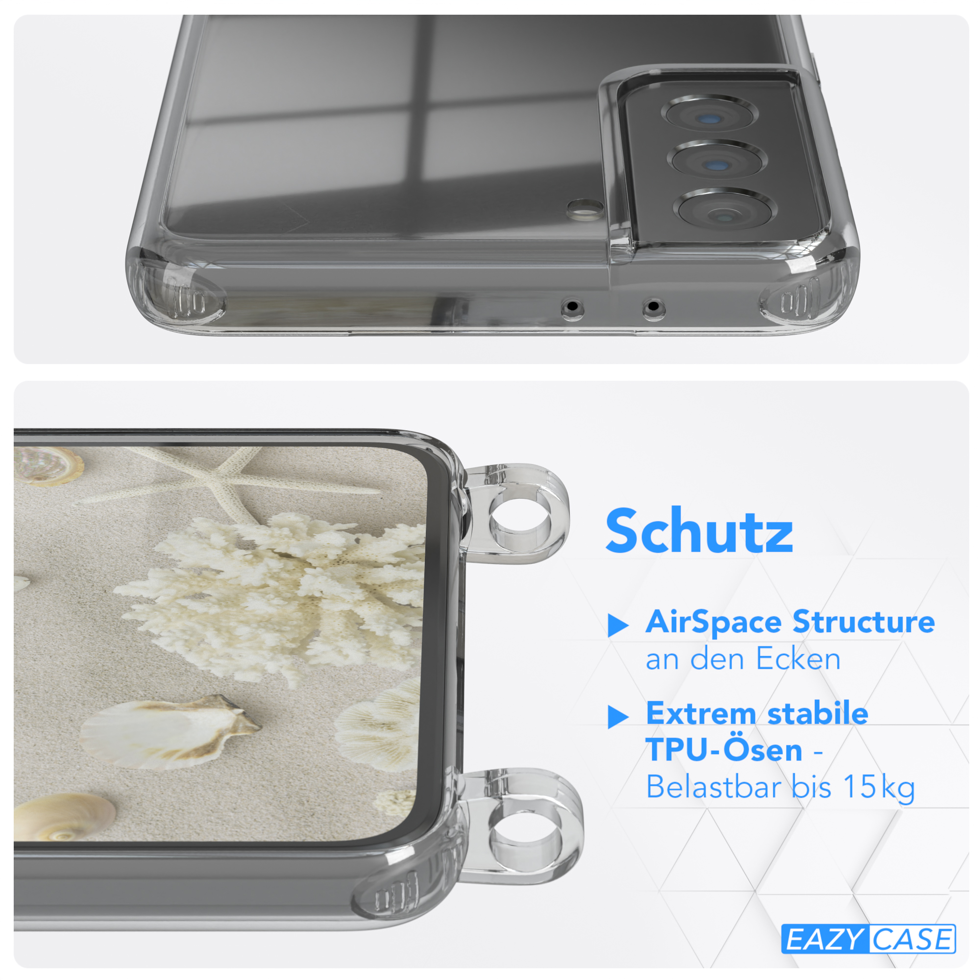 EAZY CASE Clear Cover mit Umhängetasche, Plus 5G, Taupe Umhängeband, Camouflage S21 Galaxy Samsung