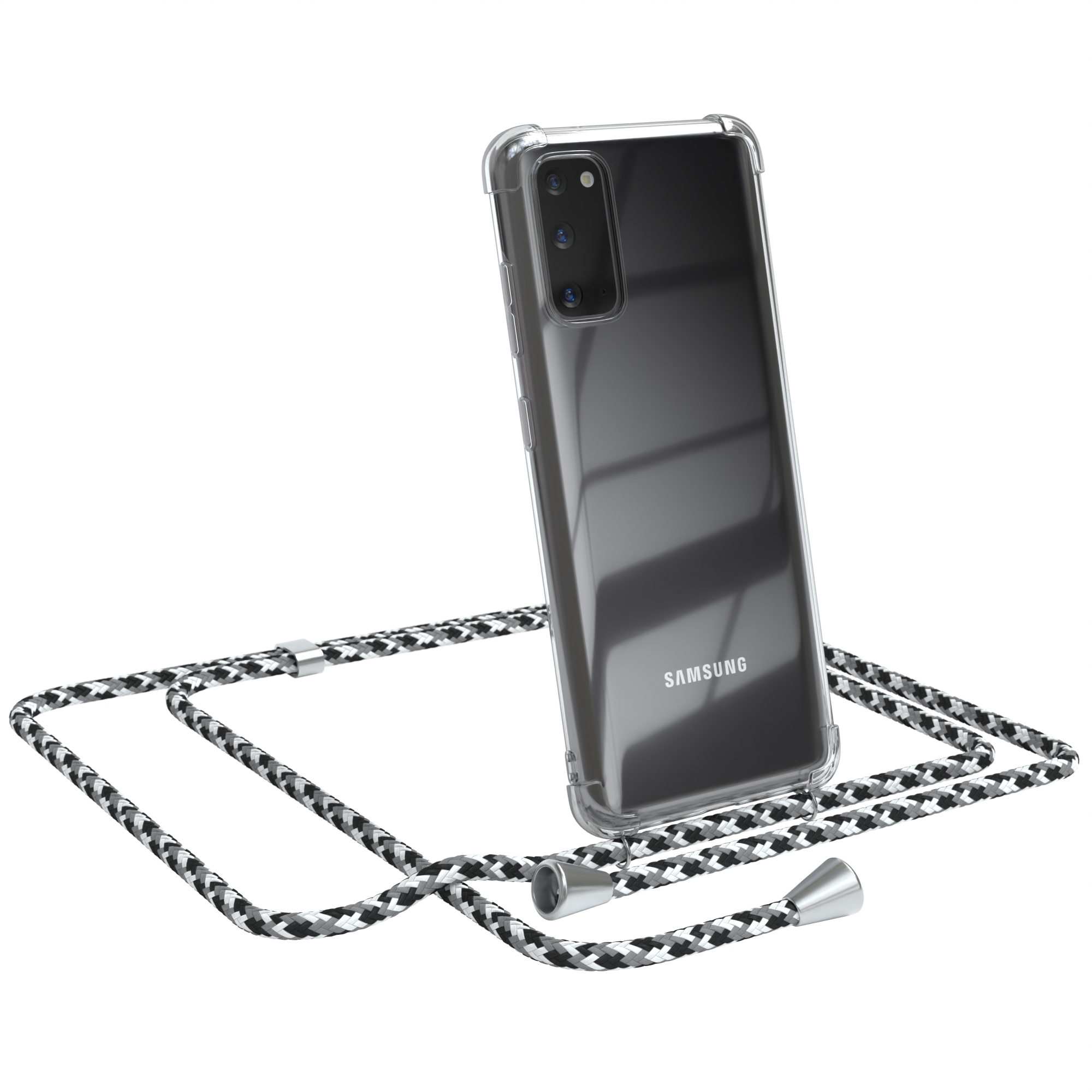 EAZY CASE Clear Cover mit Samsung, / Camouflage Clips Silber Umhängeband, Umhängetasche, S20, Schwarz Galaxy