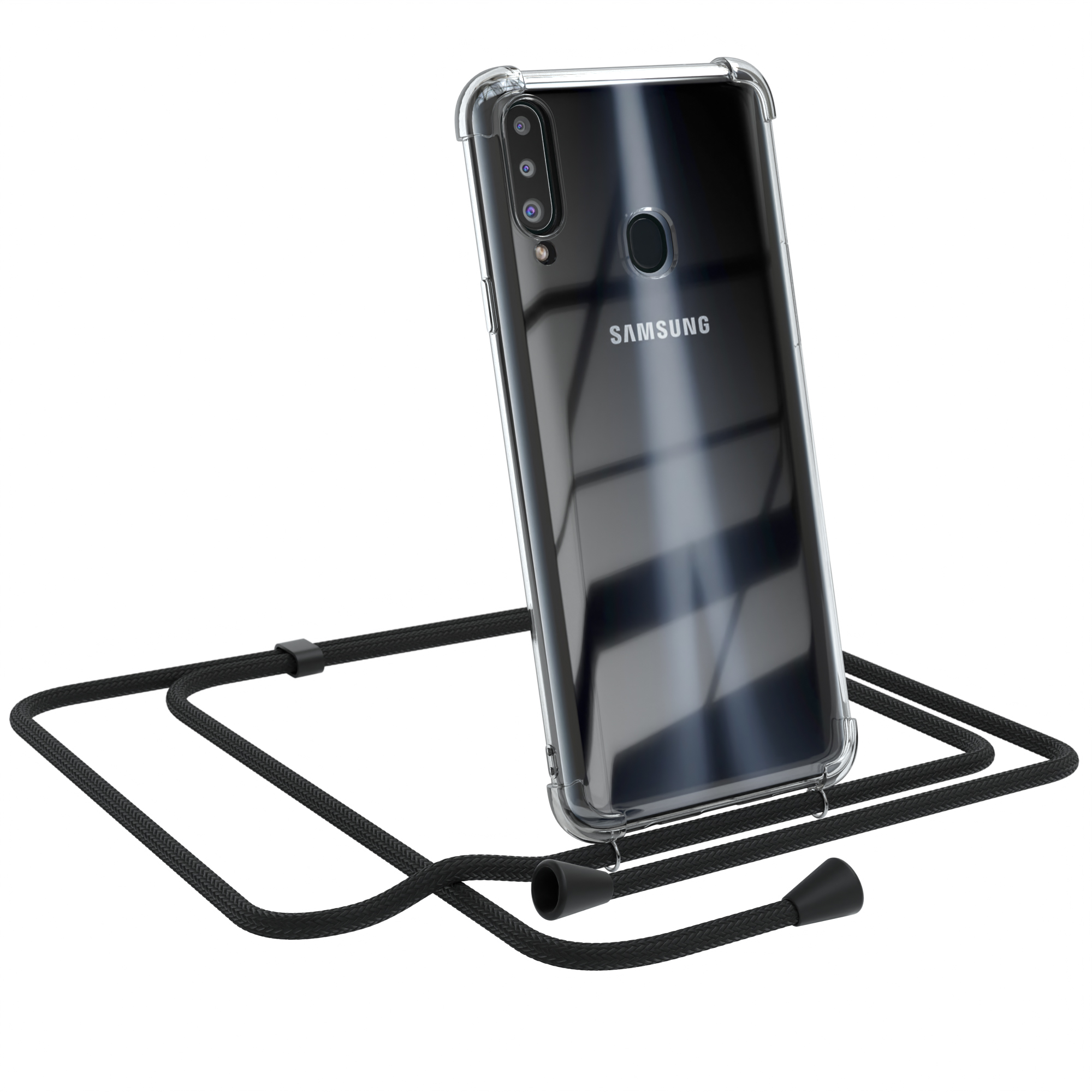 Eine transparente Handyhülle auf einem Samsung-Telefon mit einem schwarzen Lanyard. Die Handyhülle ist transparent.