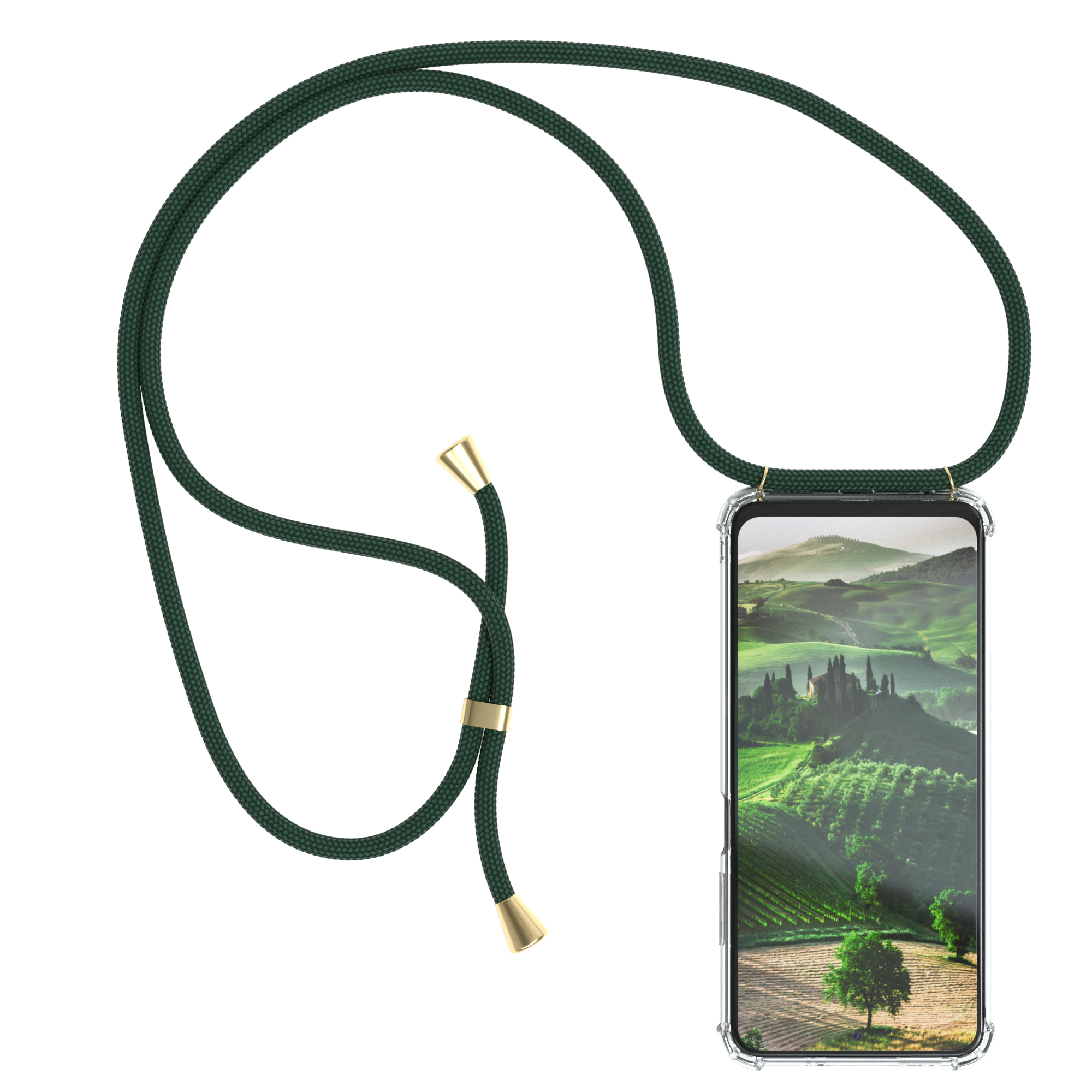 Telefon in transparenter Hülle mit grünem Band. Landschaft auf dem Bildschirm. Goldene Verbinder.
