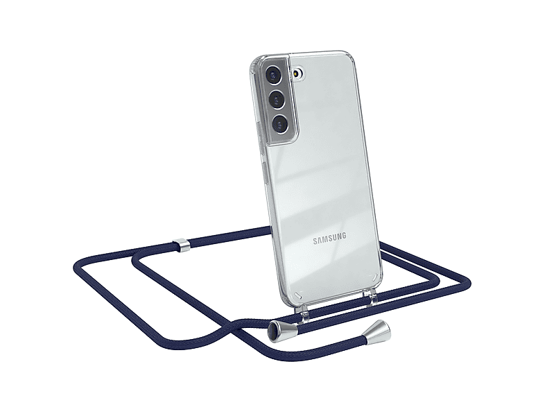 EAZY CASE Clear Cover mit Umhängeband, Umhängetasche, Samsung, Galaxy S22 5G, Blau / Clips Silber