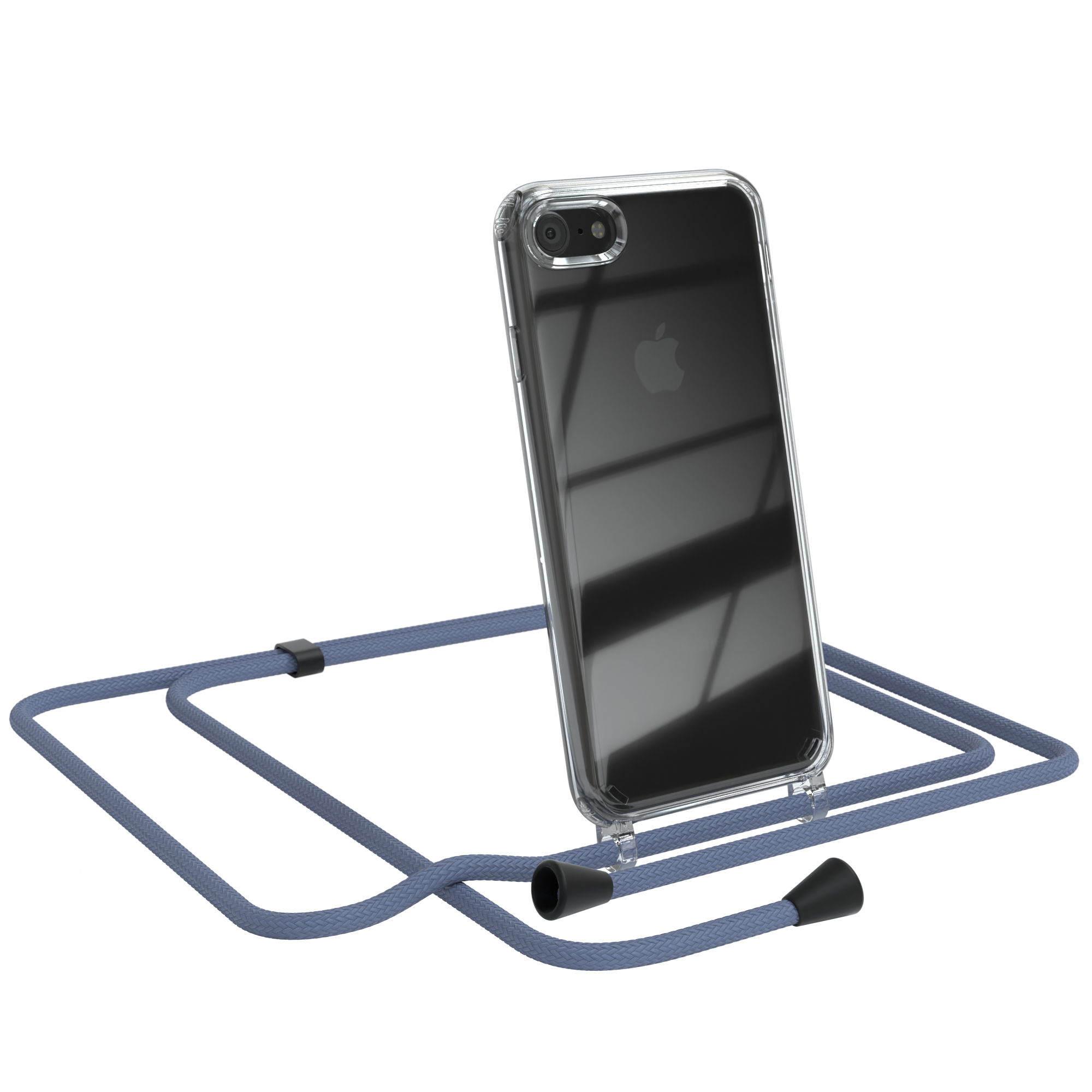 Transparente Handyhülle mit blauem Band. Apple-Telefon sichtbar. Schwarze Verbinder.