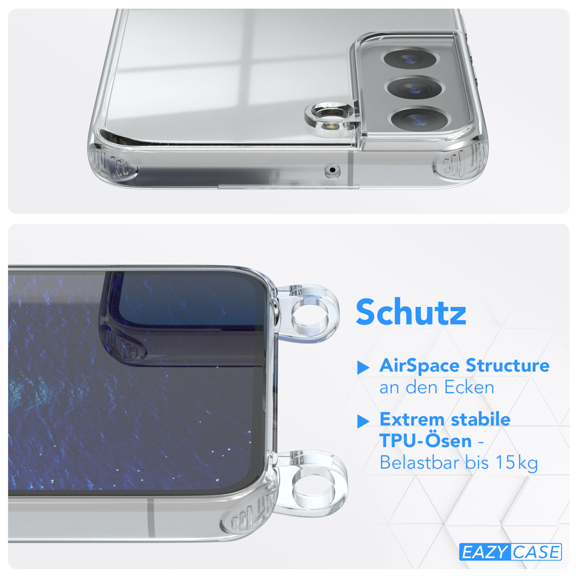 Nahaufnahme einer Handyhülle. Text: Schutz, AirSpace Structure und Extreme stabile TPU-Ösen.