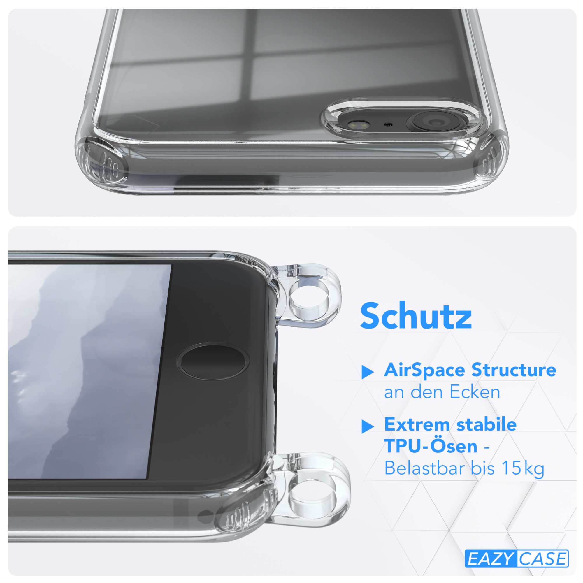 Nahaufnahme der Handyhülle auf dem Telefon, mit Text: Schutz, AirSpace-Struktur.