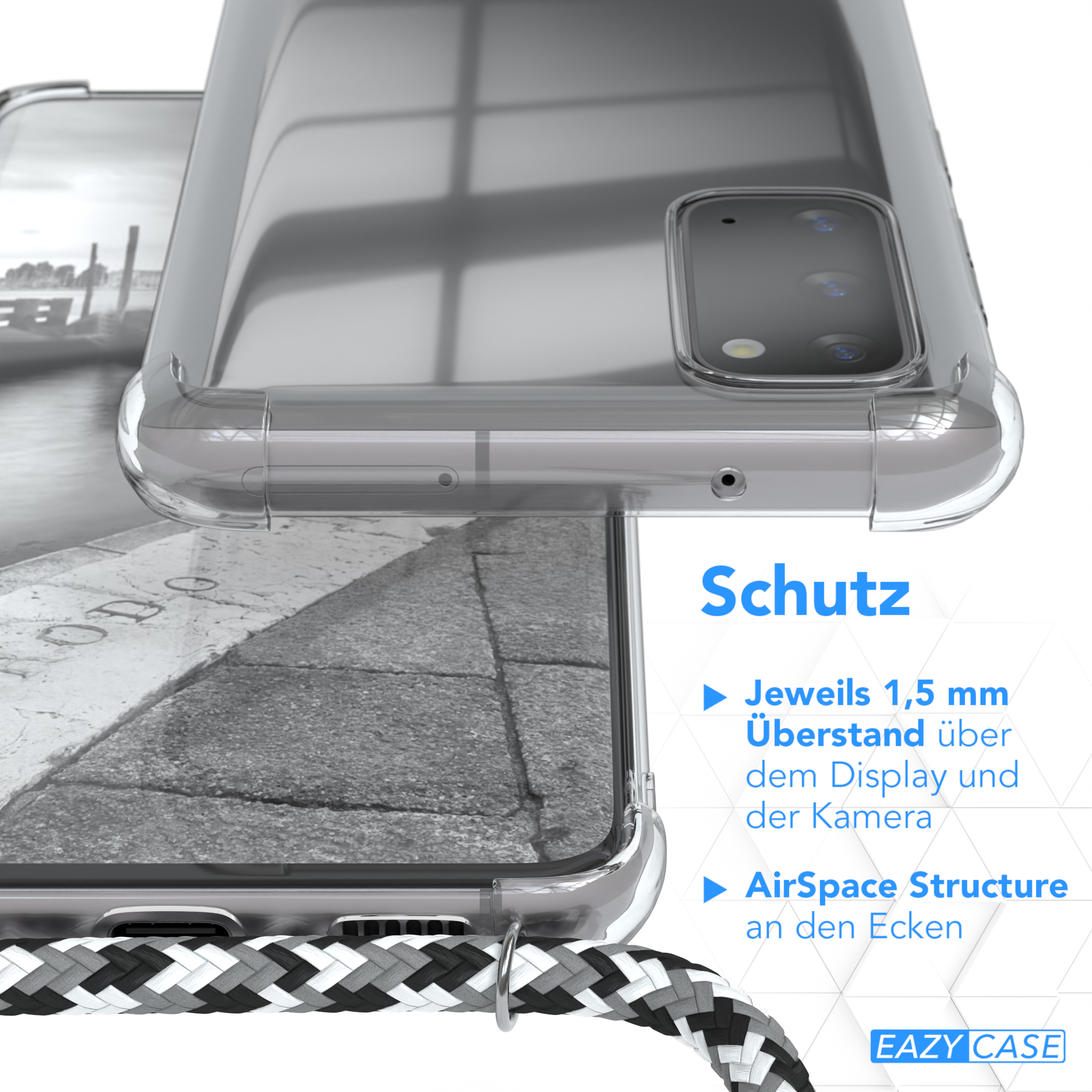 Transparente Handyhülle mit Telefon. Text: 'Schutz' beschreibt die Eigenschaften.